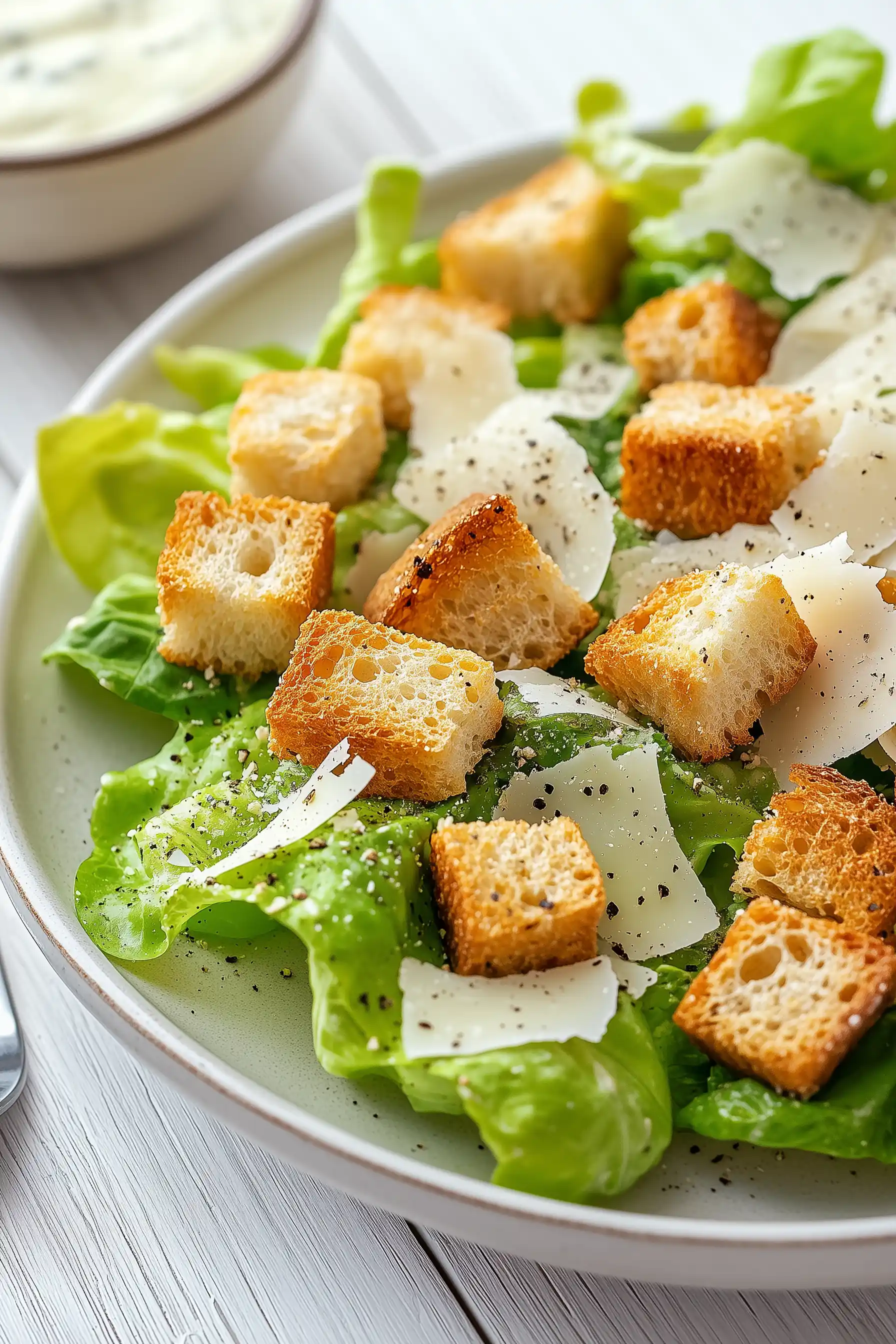 Снимка на зелена салата "Цезар", поръсена с настърган пармезан, пресни листа зелена салата и хрупкави крутони, поднесена в светлосива чиния на бяла дървена маса.