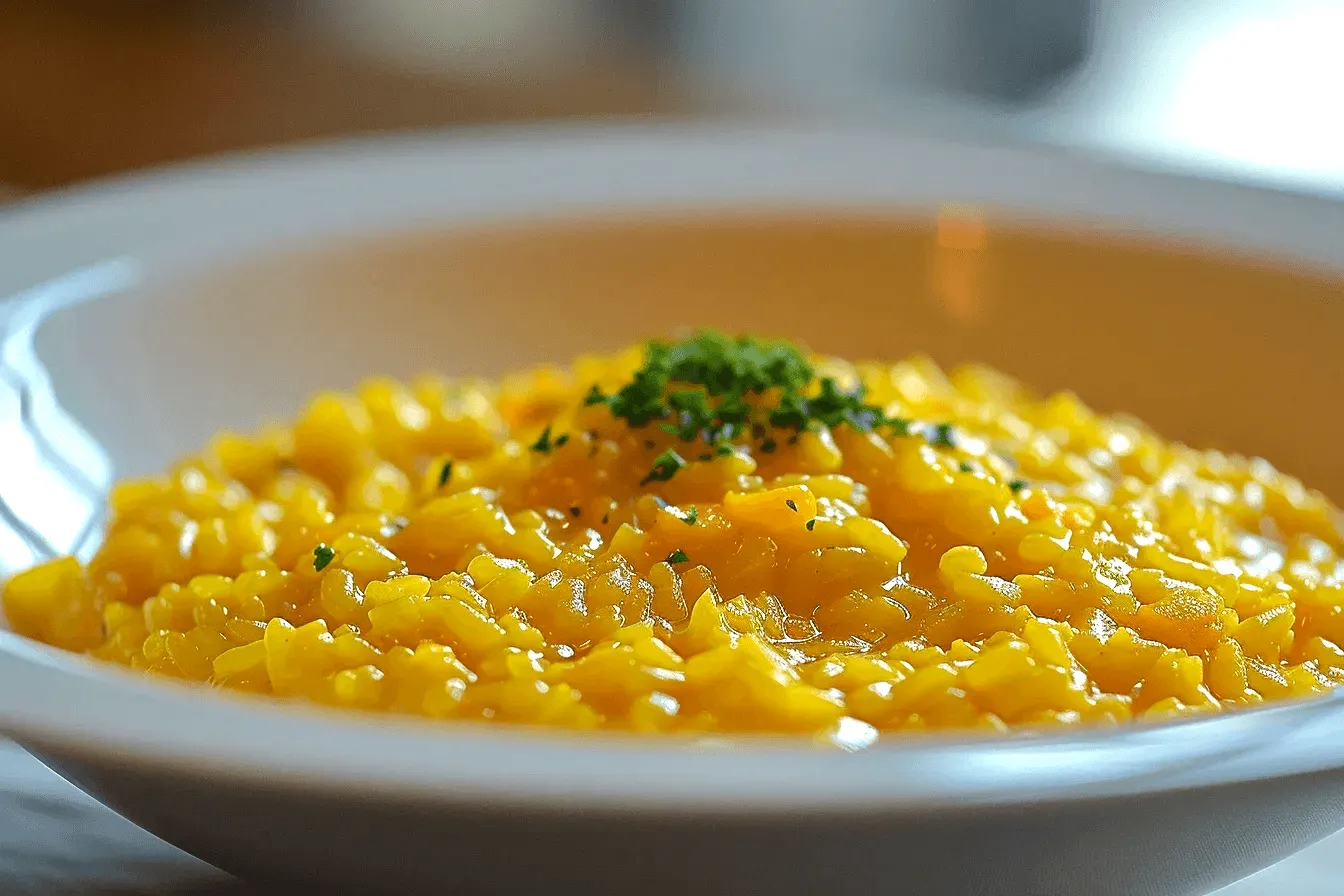 Чиния с наситено жълт ризото, поръсено със ситно нарязан магданоз, поднесено в бяла порцеланова чиния. Фокусът е насочен към предната част на чинията, а задният план е леко размазан, което придава акцент на текстурата и цвета на ястието.