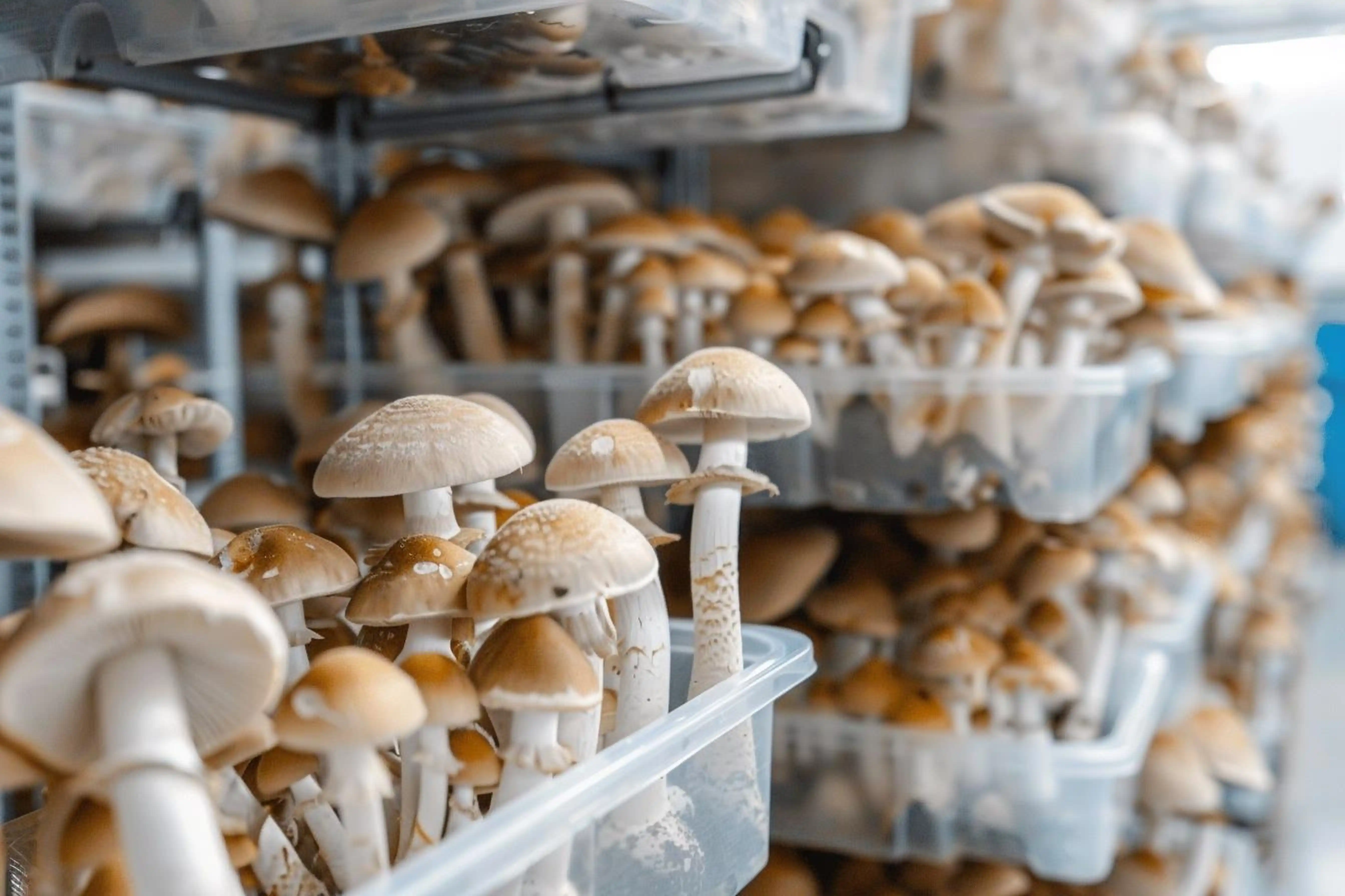 Пластмасови контейнери, пълни със свежи гъби, подредени на рафтове във ферма за гъби.