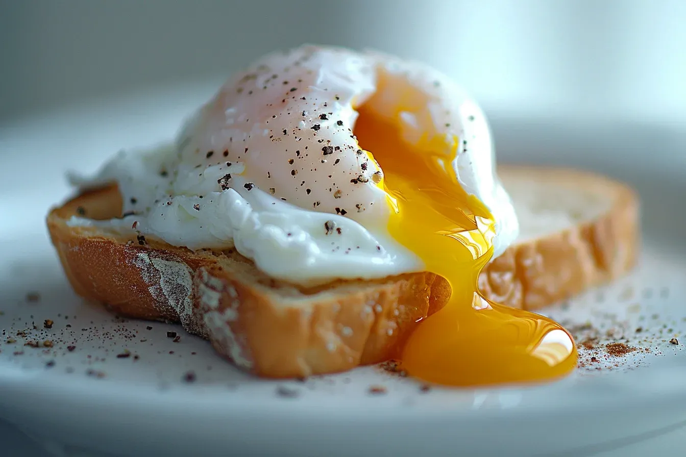 Поднесено яйце по Бенедикт върху филия изпечен хляб, разположено на бяла чиния. Жълтъкът се разтича, придавайки богат и апетитен вид на ястието, а поръсени черни мелни сол и пипер добавят завършек към визията.