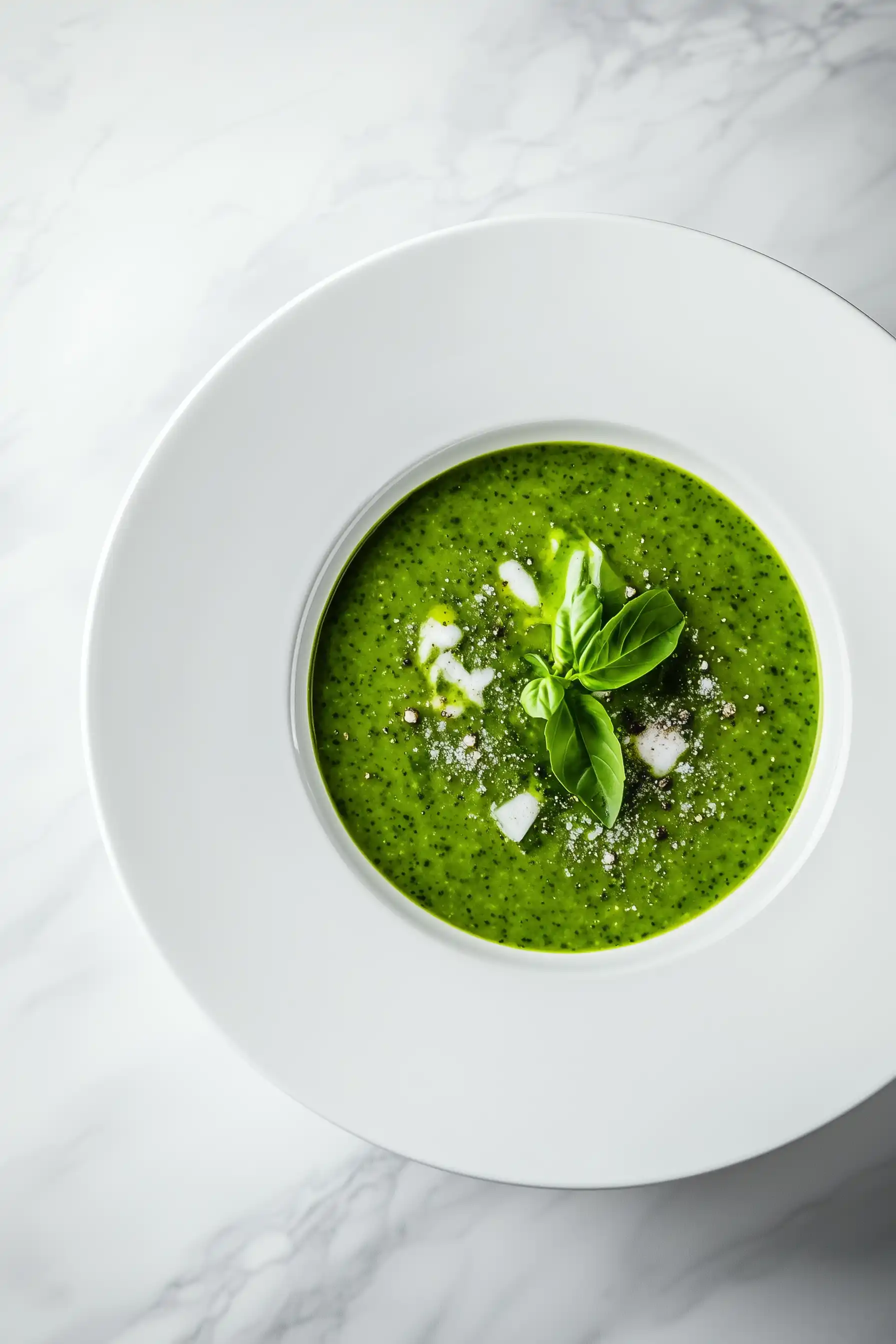 Елегантна зелена крем супа, приготвена от свеж спанак и ароматен босилек. Върху супата са добавени настърган пармезан и капчици зехтин за завършек. Идеално предложение за лек обяд или предястие, което съчетава кремообразна текстура с богат вкус.