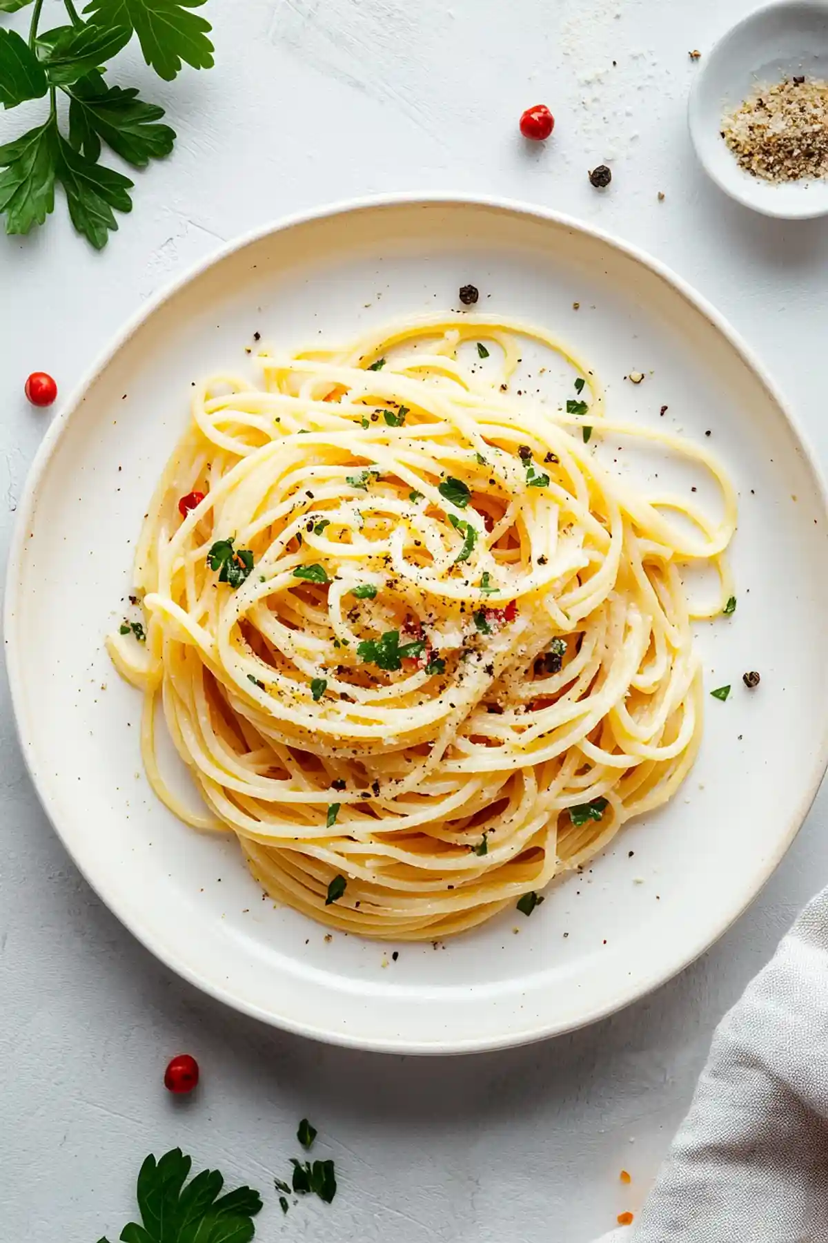 Класически италиански спагети аглио е олио, поръсени с магданоз и черен пипер в бяла чиния.