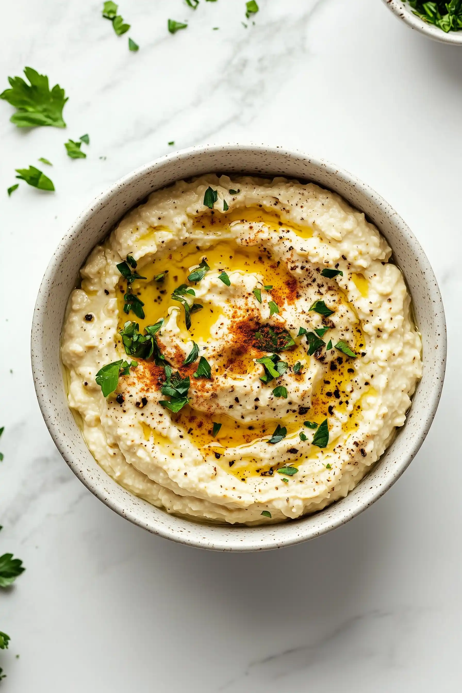 Купа от Баба Гануш с размазан жълтък на средата, поръсен с черен пипер и червен пипер. Ястието е украсено с нарязан магданоз и поднесено в сивкава керамична купа на мраморна повърхност, с няколко листа магданоз разпръснати около купата.