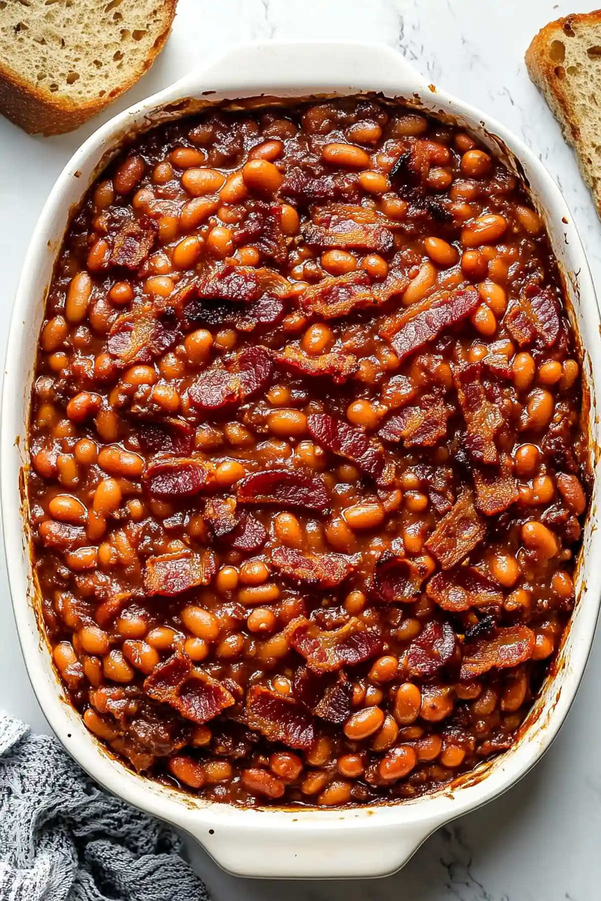 Печен боб със сос и хрупкав бекон, сервиран в бяла тавичка, придружен с хляб.