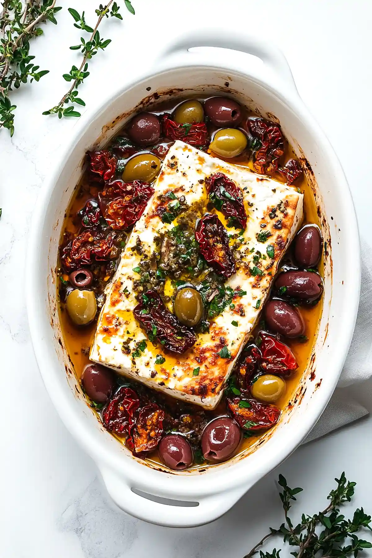 Голямо парче печено сирене фета в бяла керамична тава, заобиколено от зелени и черни маслини, сушени домати и подправено с чесън, билки и зехтин. Ястието е поднесено върху бяла мраморна повърхност, украсена със свежи стръкове мащерка.