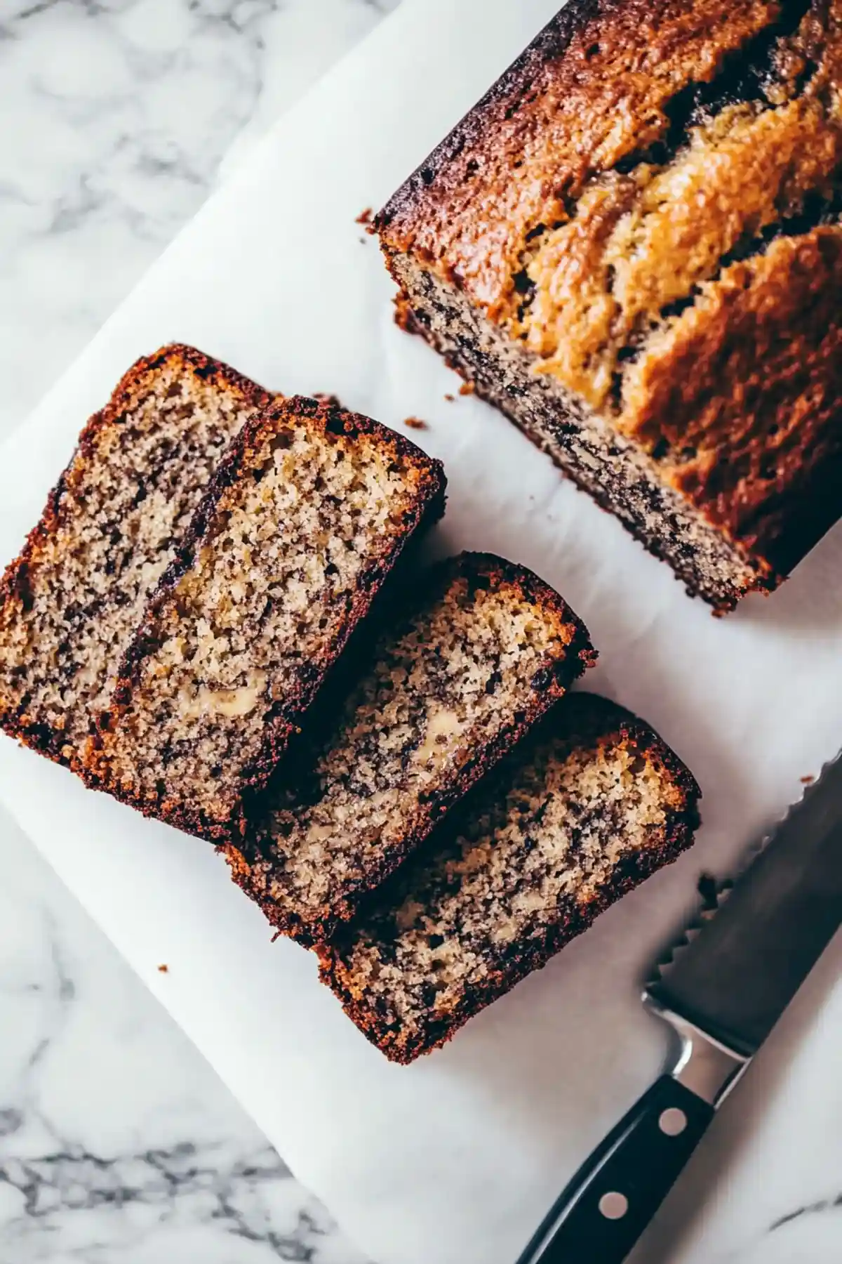 Нарязан на филийки бананов кекс, подреден на бяла чиния, поставена върху мраморна маса. Филийките са сочни и плътни с видими парчета банан. В десния ъгъл на изображението има тъмен нож с дървена дръжка.