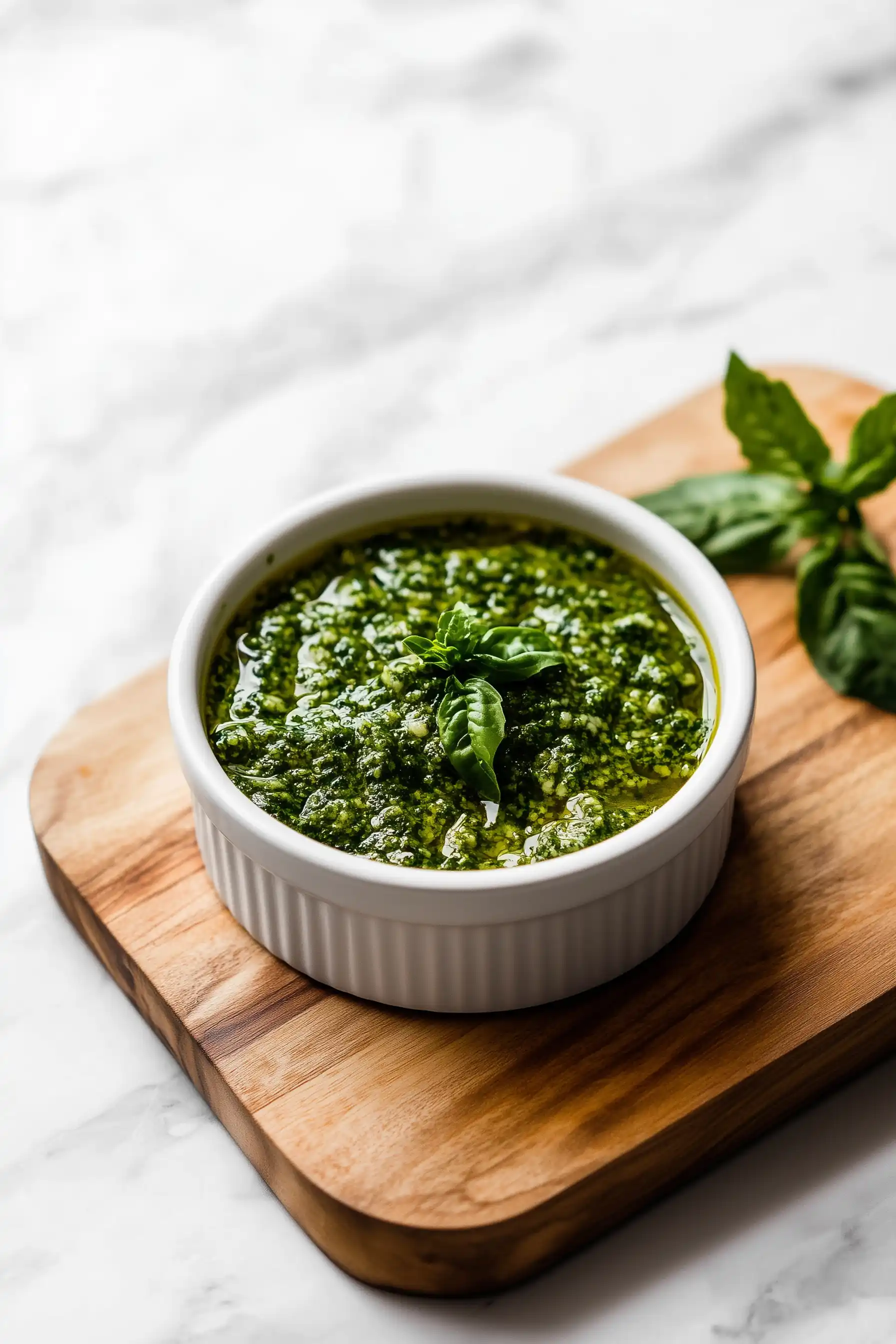 Бяла керамична купичка със зелено билково песто, поставена върху дървена дъска на мраморен плот. Върху пестото са украсени няколко листа пресен босилек.