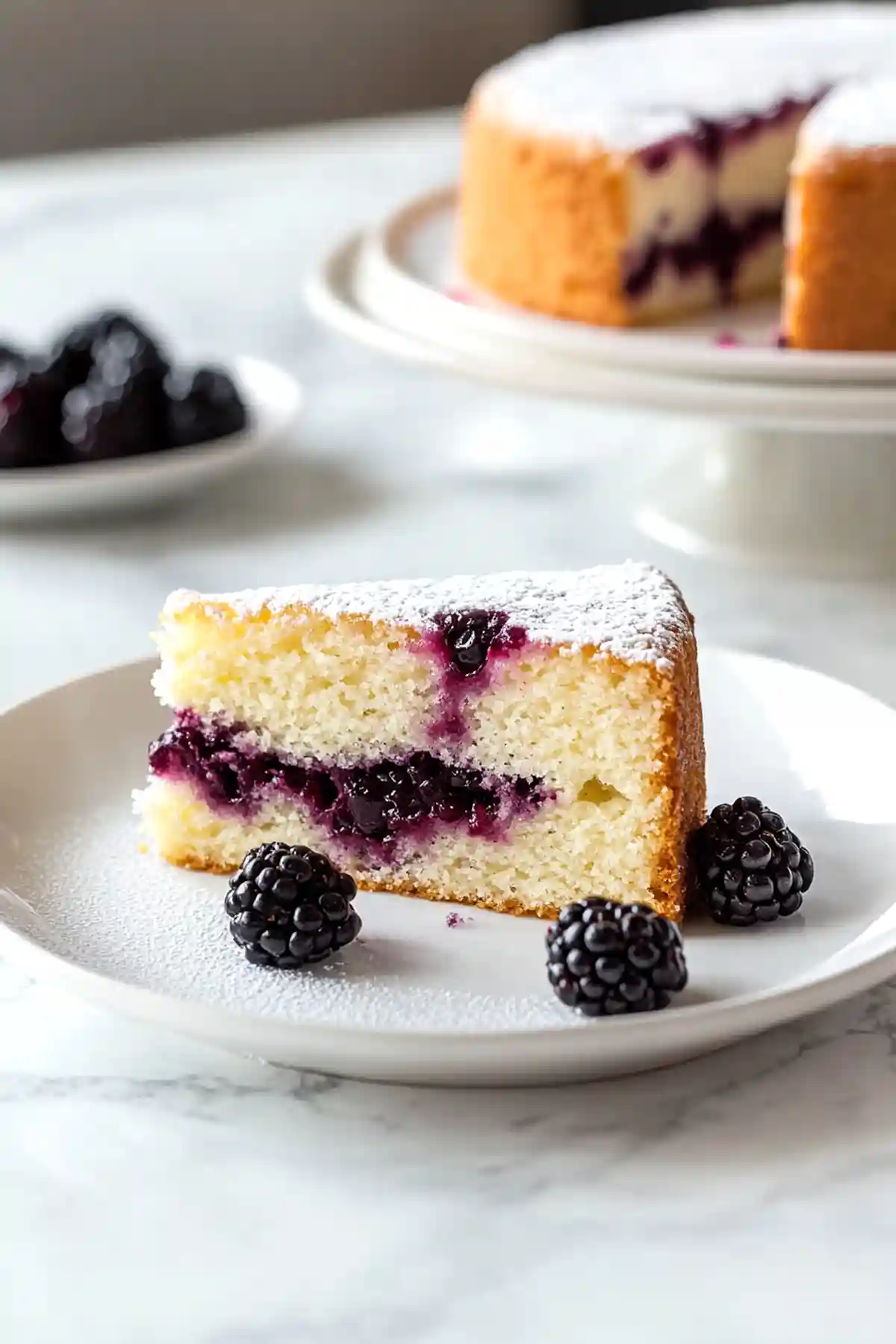 Парче торта със слой от къпини, поръсено с пудра захар, сервирано на бяла чиния. На заден план се вижда останалата част от тортата на стойка за торта и още къпини.