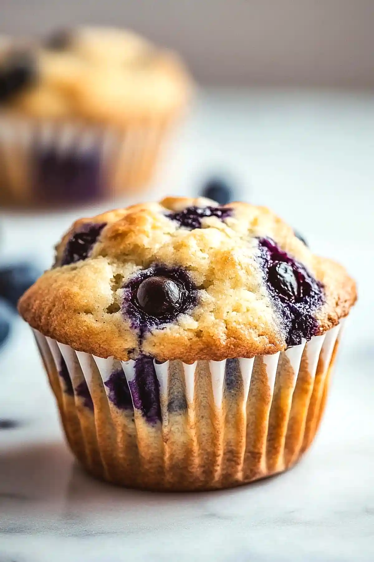 Мъфин с боровинки в хартиена форма, покрит с видими сочни плодове и златиста коричка, поставен на светъл кухненски плот.