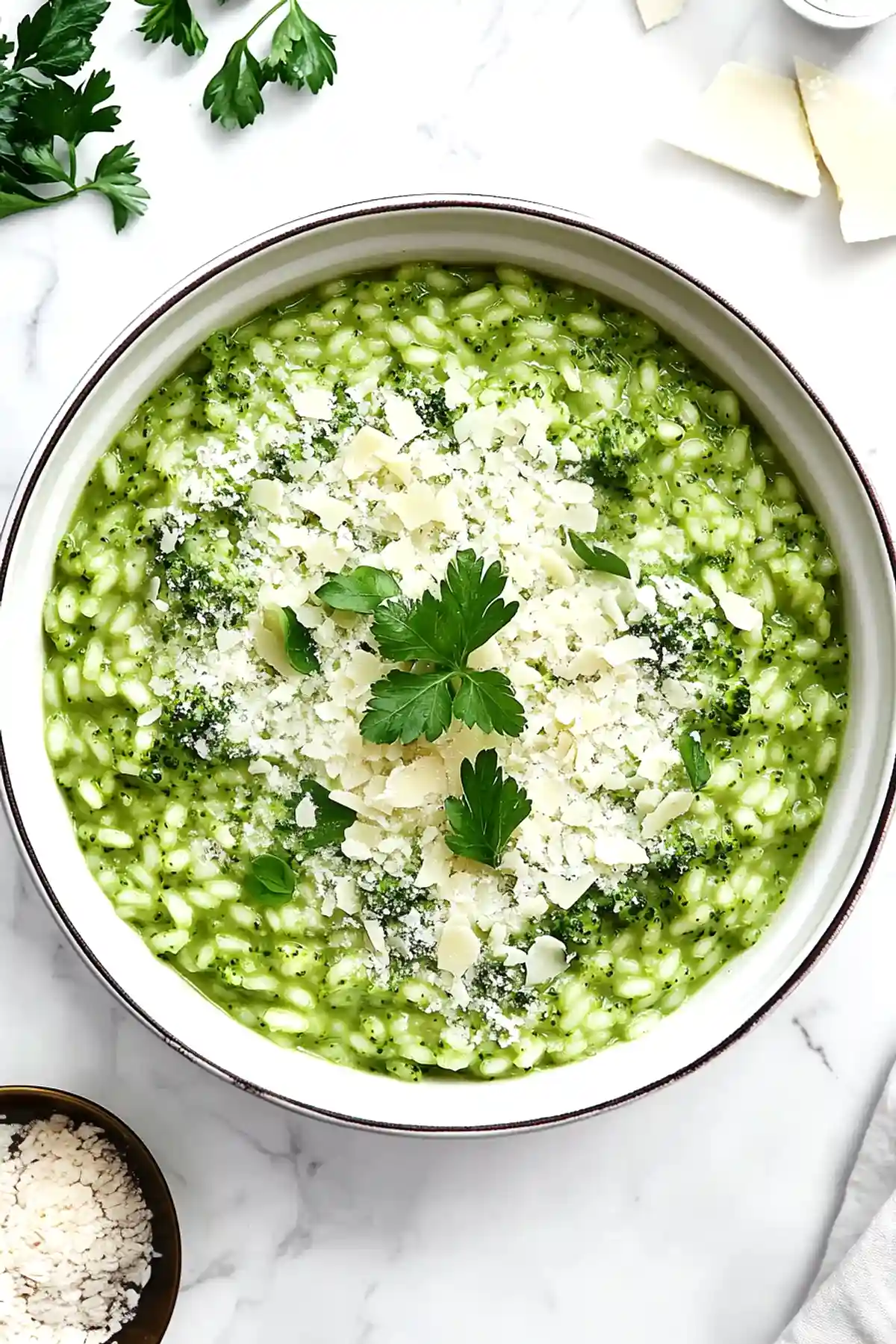 Чиния с броколи ризото, поръсено с настърган пармезан и гарнирано с пресен магданоз. Ястието е с интензивен зелен цвят, сготвено до кремообразна текстура, сервирано върху мраморна маса.