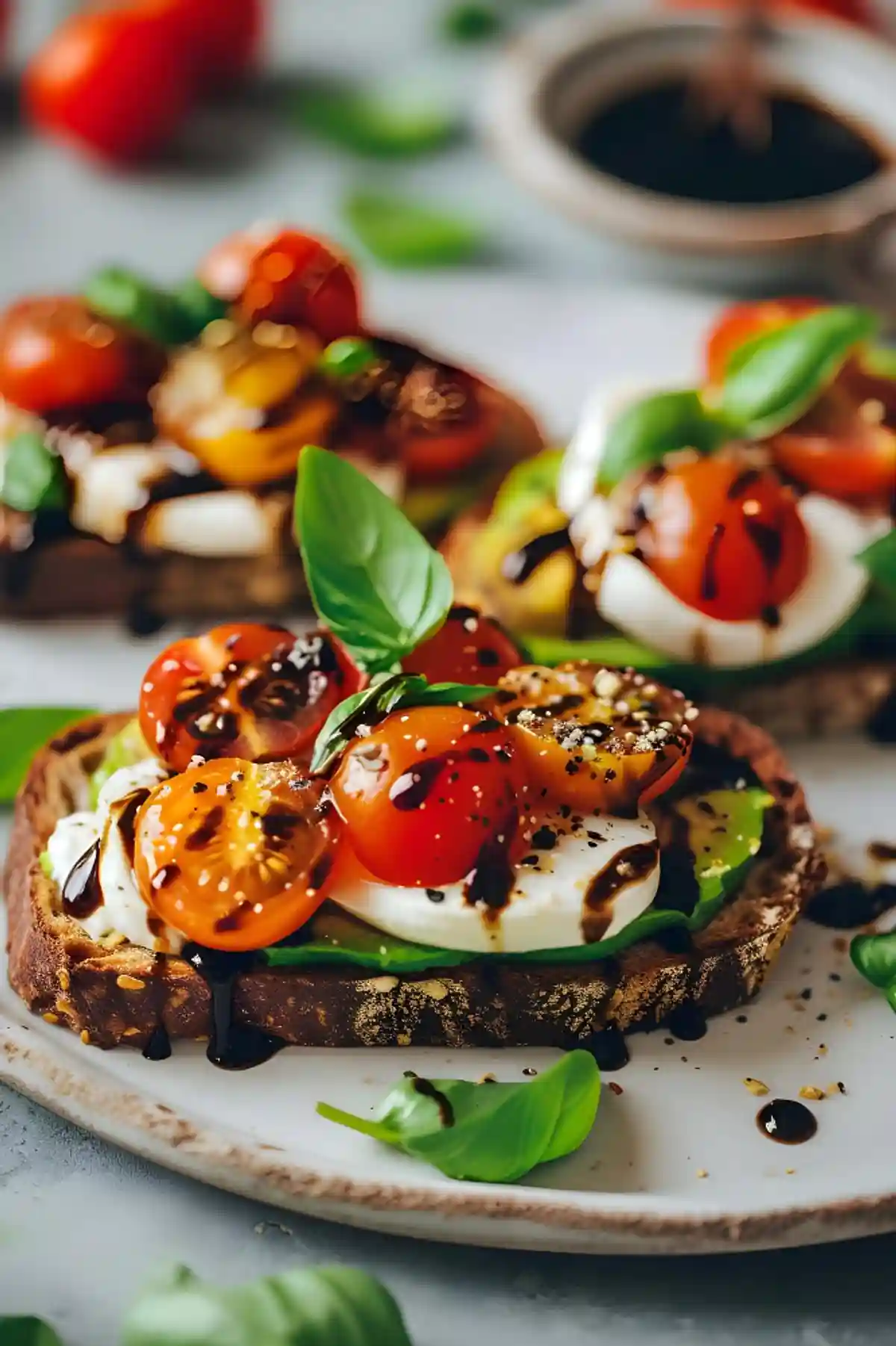 Фета от хляб, намазана с масло и покрита с разноцветни нарязани чери домати, свеж босилек и черно сусамово семе. Ястието е поръсено с благ балсамов сироп и поднесено върху бяла керамична чиния, която леко контрастира с доматите и зеленината.