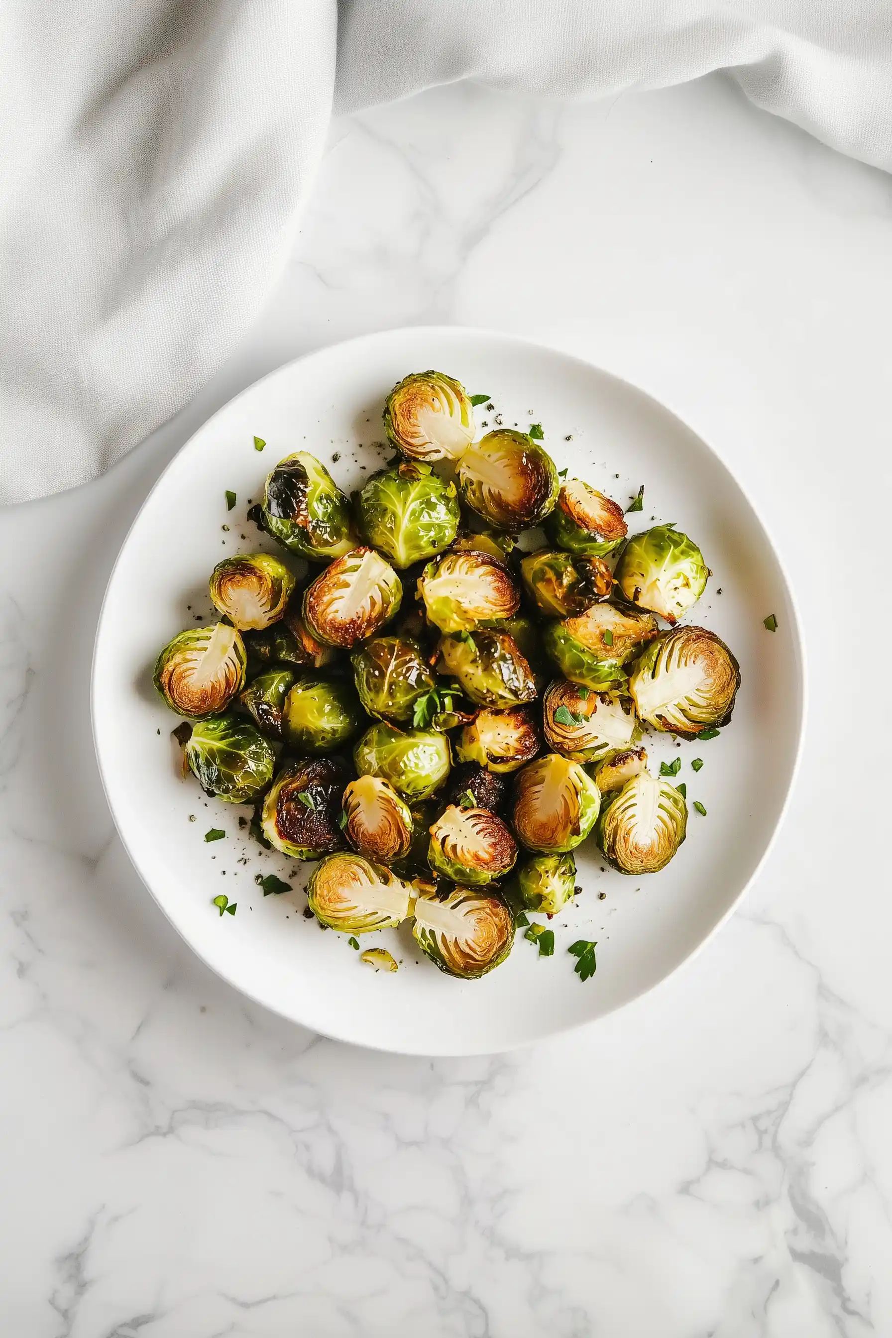 Чиния с печени брюкселски кълнове, подредени на бял порцелан на мраморна маса. Брюкселските кълнове са златисто-кафяви отстрани и посипани с наситнени зелени билки.
