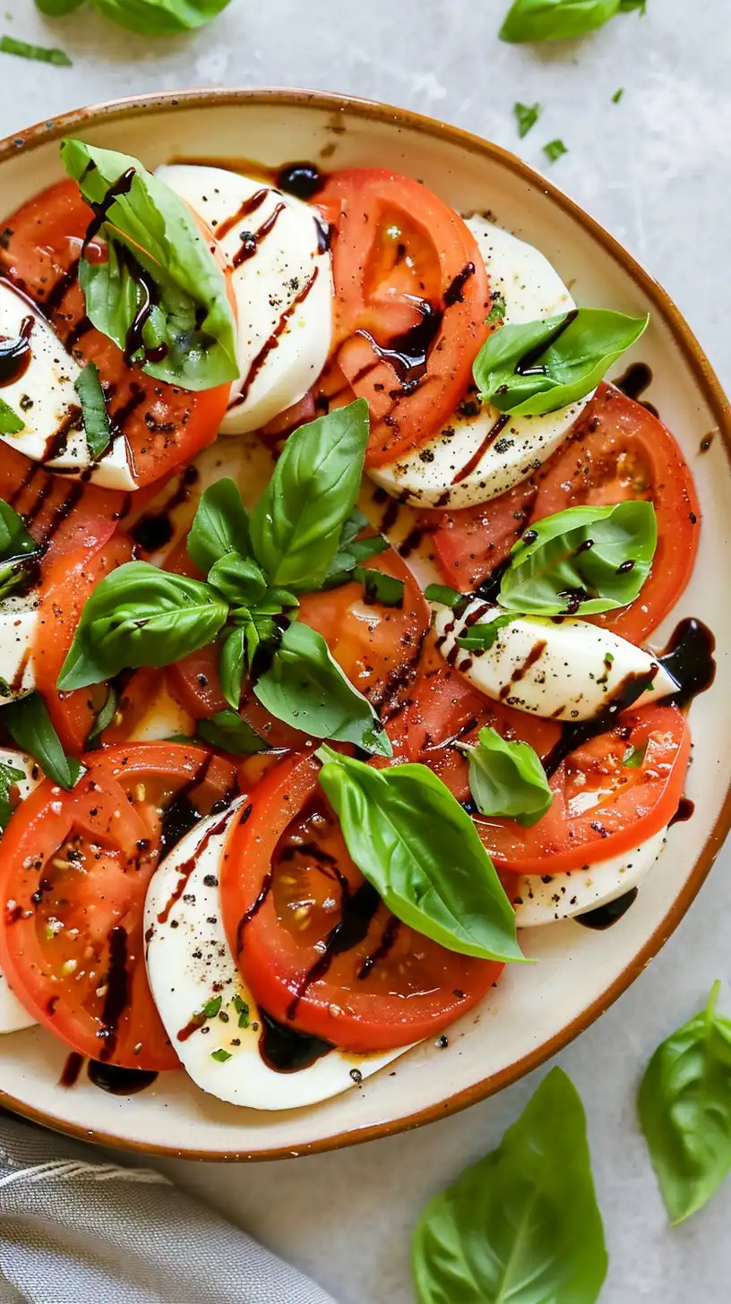 Диш със салата Капрезе, подреден в чиния. Следва поредица от редуващи се нарязани на колелца домати и моцарела, украсени с листа пресен босилек, капки балсамов оцет и подправки.