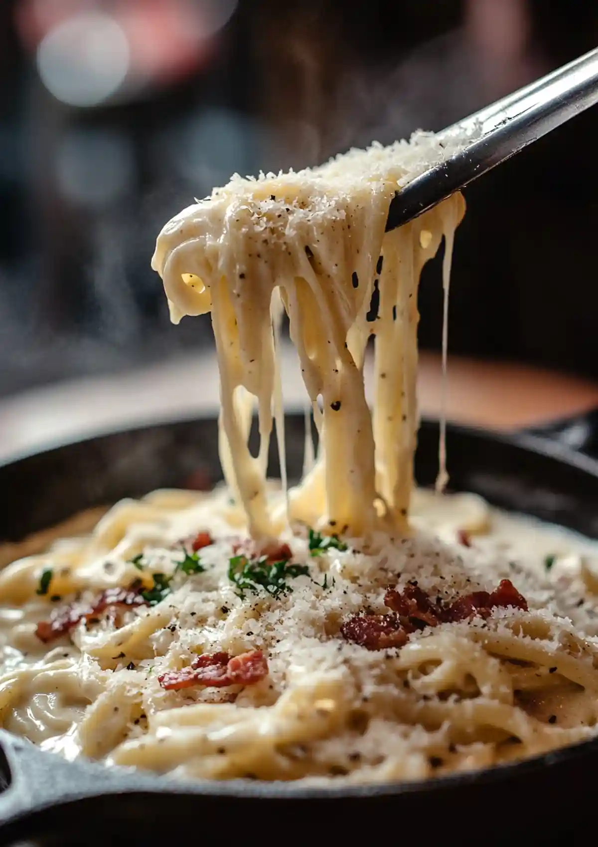 Спагети Карбонара, вдигнати с клещи от черна тиган. На пастата има видими парченца панчета, настърган пармезан и ръсени ситно нарязани зеленини. Тя е вкусно украсена и поднесена, със забележими пари на сирене, които се стичат надолу, докато клещите я държат въздуха. Фонът е размазан, което подсилва фокуса върху ястието.
