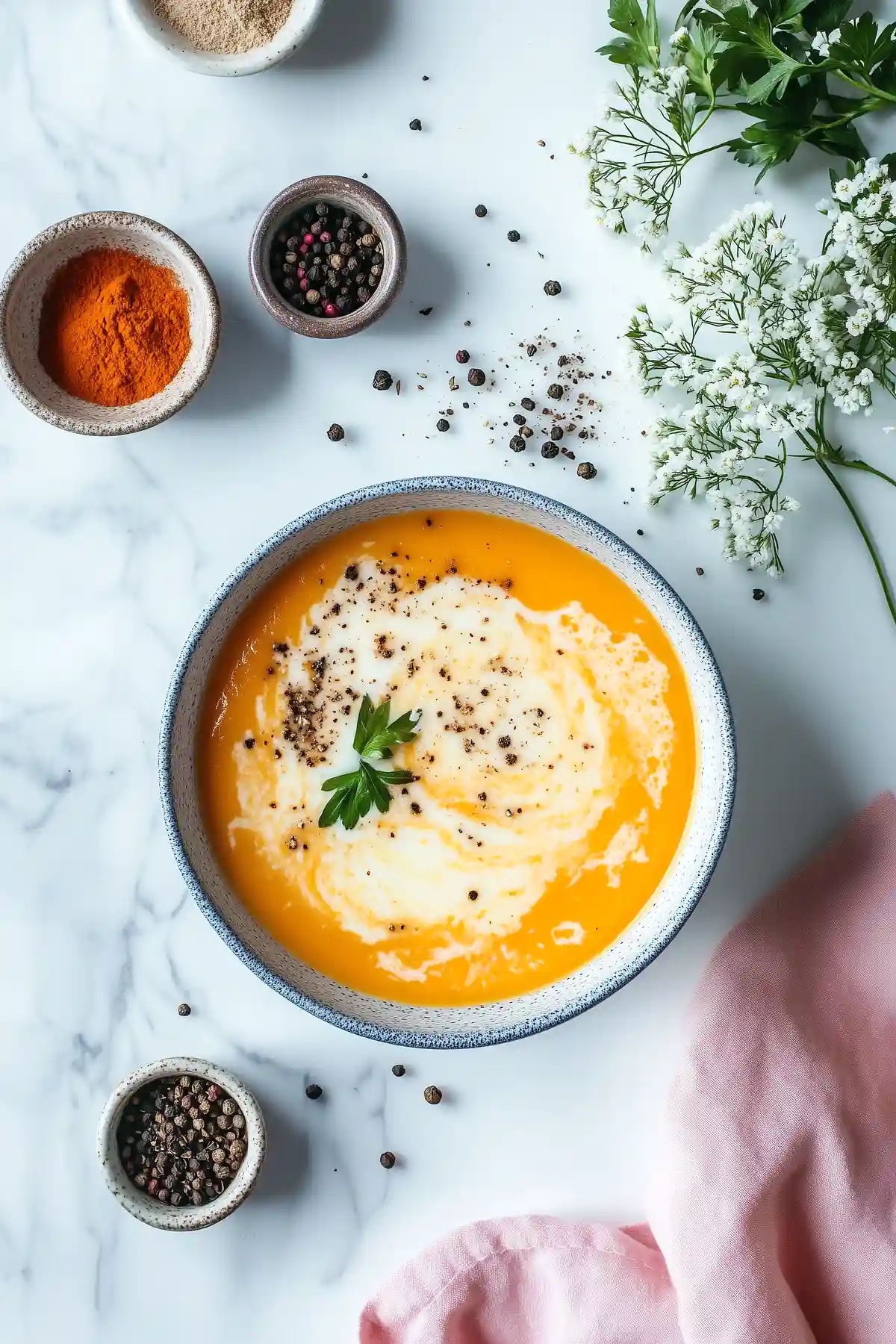 Чиния с кремообразна Супа от моркови и тиквички, сервирана върху мраморна повърхност. Супата е с два слоя - жълт долен слой и по-светъл горен слой, поръсени с черен пипер и гарнирани с клонка пресен магданоз. Около чинията са разпръснати черен пипер и други подправки, както и няколко купички със сол, черен пипер и червен пипер. В десния ъгъл на кадъра има тънък стебло с бели цветчета, а в долния ляв ъгъл - розова салфетка.