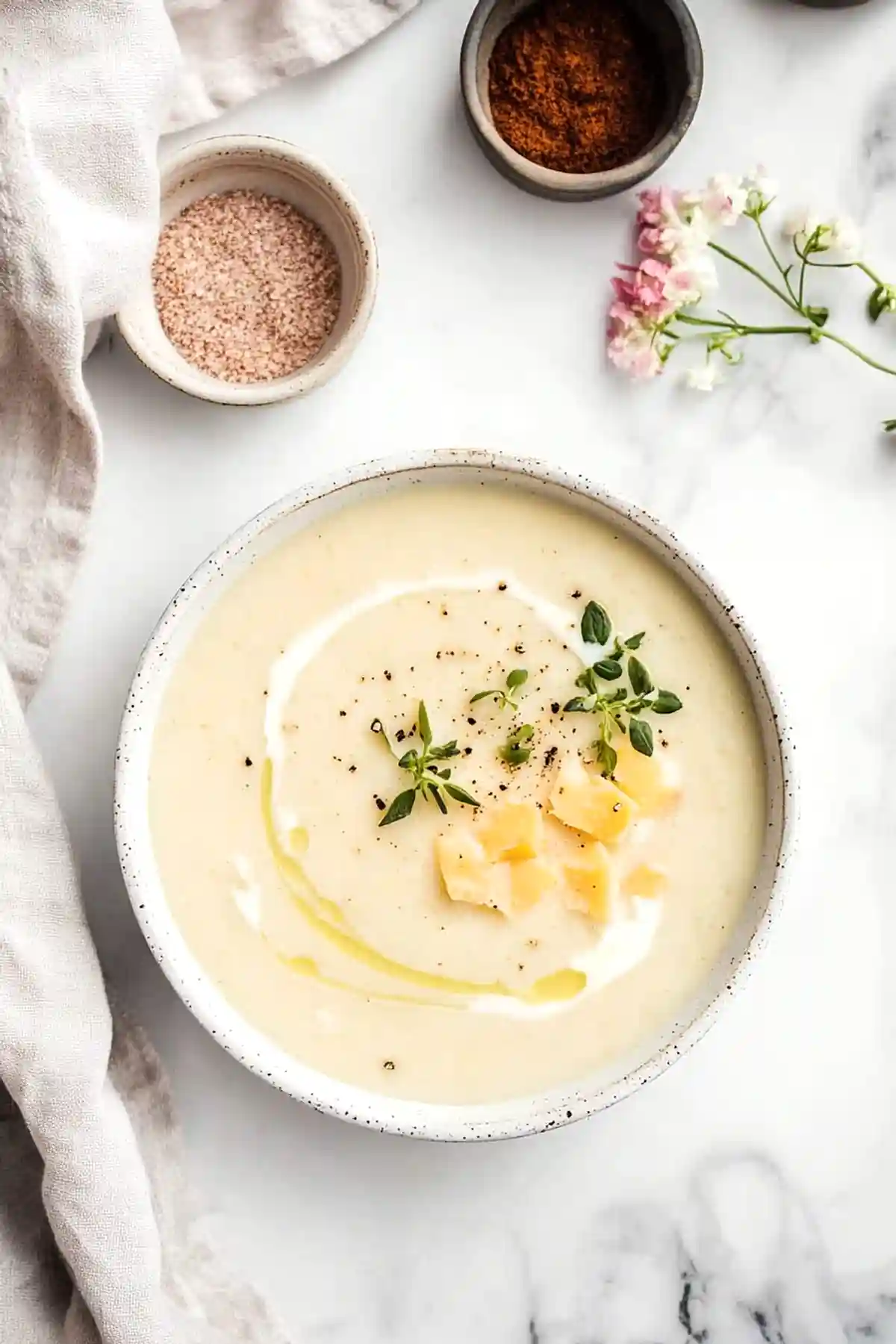 Супа от карфиол и картофи с чедър, сервирана в порцеланова купа на мраморна повърхност. В супата има поръсени черен пипер и кубчета картофи, украсени с масло и пресни билки. В лявата горна част на изображението се виждат съдове с розова сол и мляно червено чили, а до тях е плат, небрежно подреден до свежоцъфтящо растение.