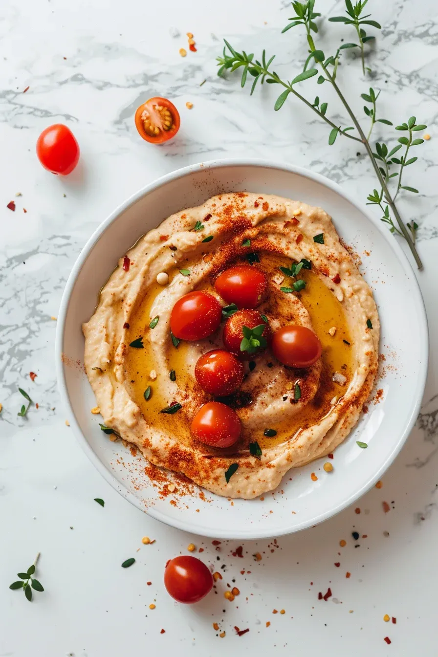Кадифено гладък хумус, обогатен с печени червени чушки и поднесен със свежи чери домати. Поръсен с червен пипер, зехтин и пресни билки, този домашен хумус предлага перфектен баланс между кремообразна текстура и наситени средиземноморски вкусове.