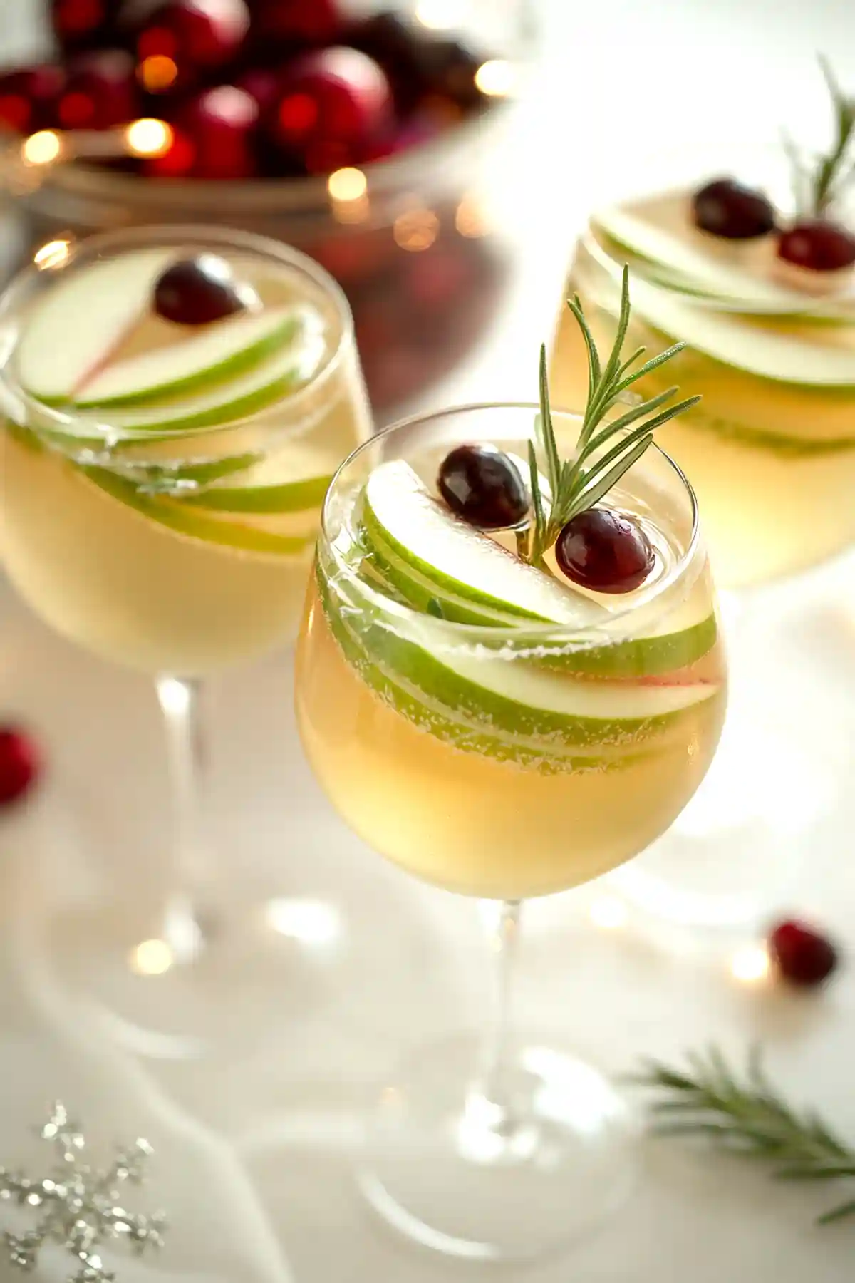 Три подредени чаши с напитки, украсени с дълги филийки зелена ябълка, червени череши и клонки розмарин, поднесени на блестяща бяла маса с рождествени украси на фона.