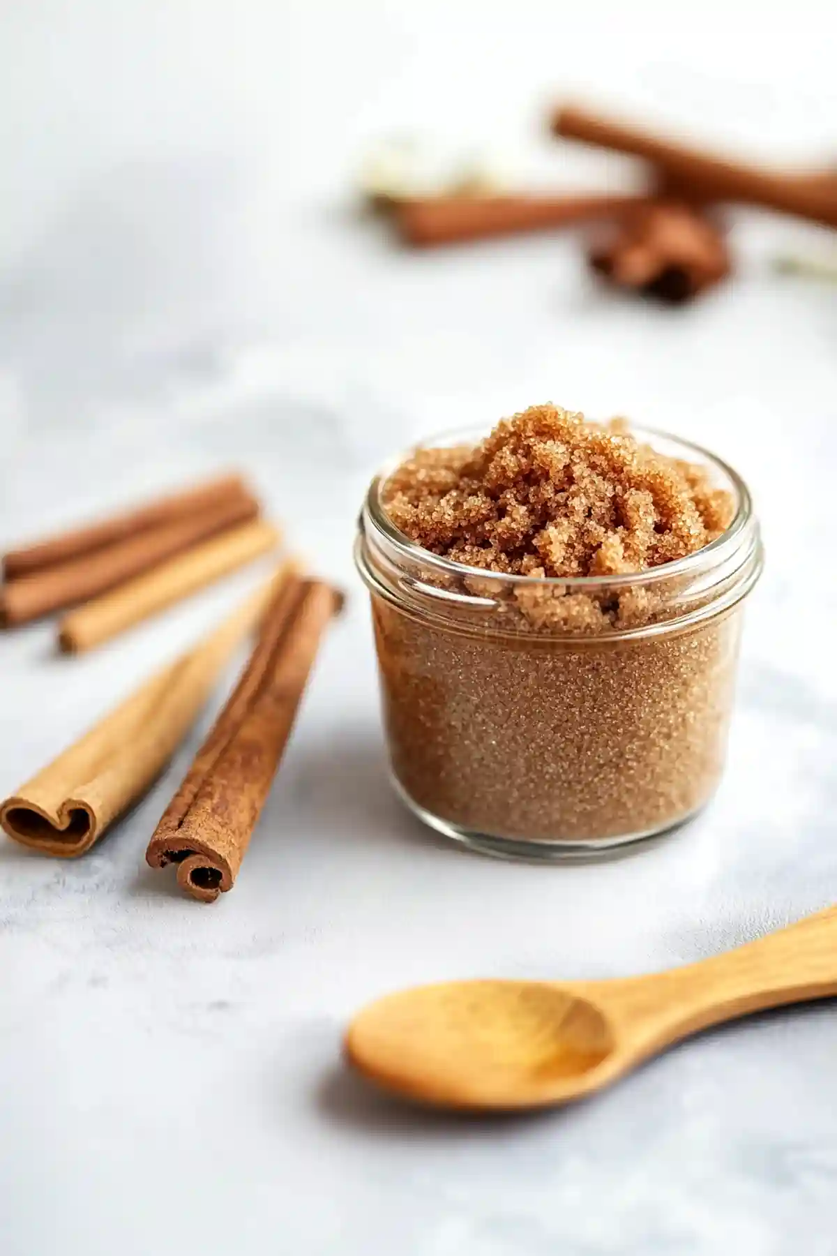 Стъклен буркан с кафява захар, заобиколен от клечки канела и дървена лъжичка на светло сив фон.
