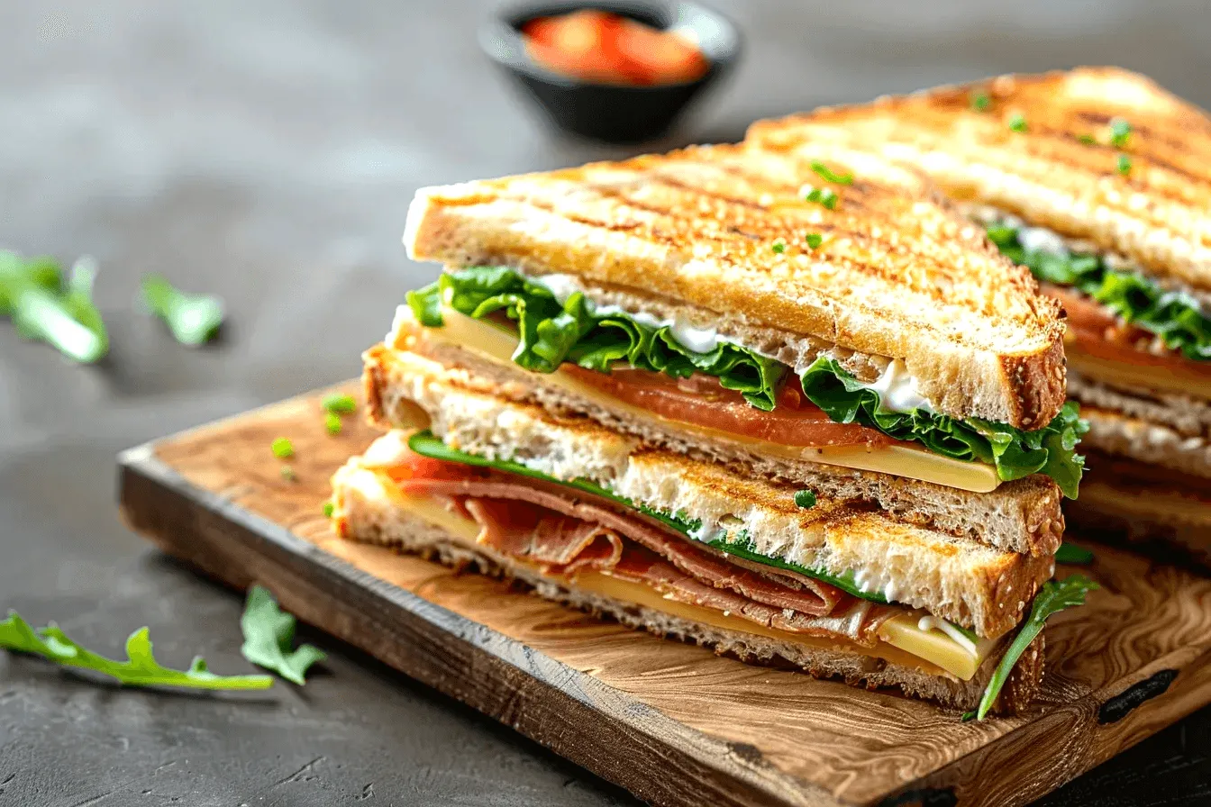 Апетитен клуб сандвич, приготвен с препечени филии хрупкав хляб, сочни резени домати, свежа маруля и златисто стопено сирене. Добавеният хрупкав бекон и лек майонезен сос придават завършен вкус на този класически сандвич.