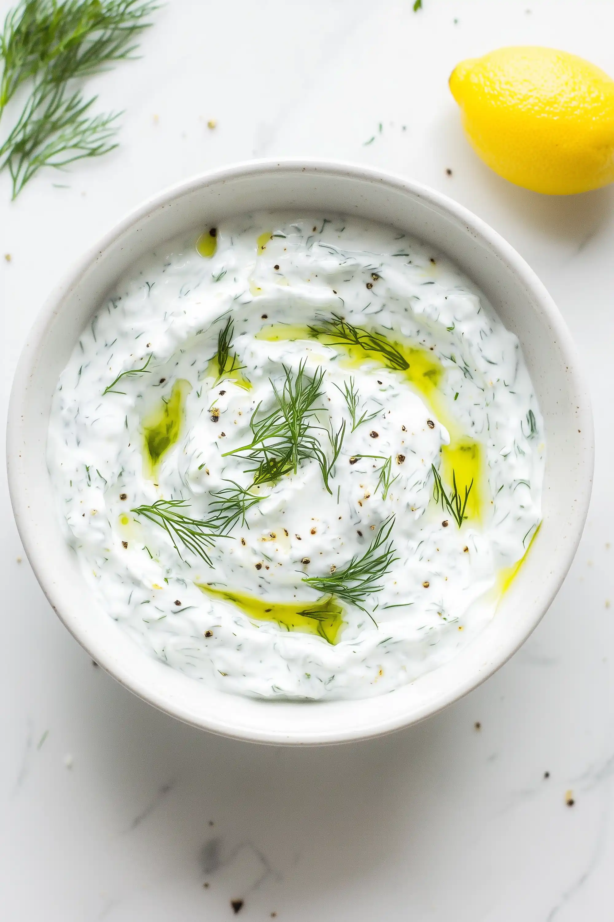 Купичка със сос от кисело мляко, нарязан копър, зехтин и черен пипер, поднесена на бяла повърхност, до нея са покапани капки зехтин и малко черен пипер, видим е и половин лимон на заден план с десния ъгъл на изображението.