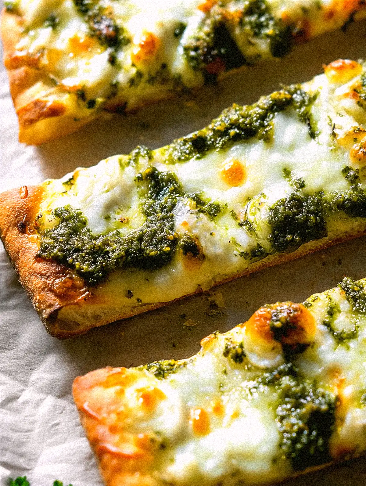 Пица поръсена с песто и разтопено сирене, разделена на триъгълни парчета, сервирана върху кухненска хартия. Видими са богати, заелени пластове от песто и златисто кафяви петна разтопено сирене. На заден план има разсипани зелени подправки.