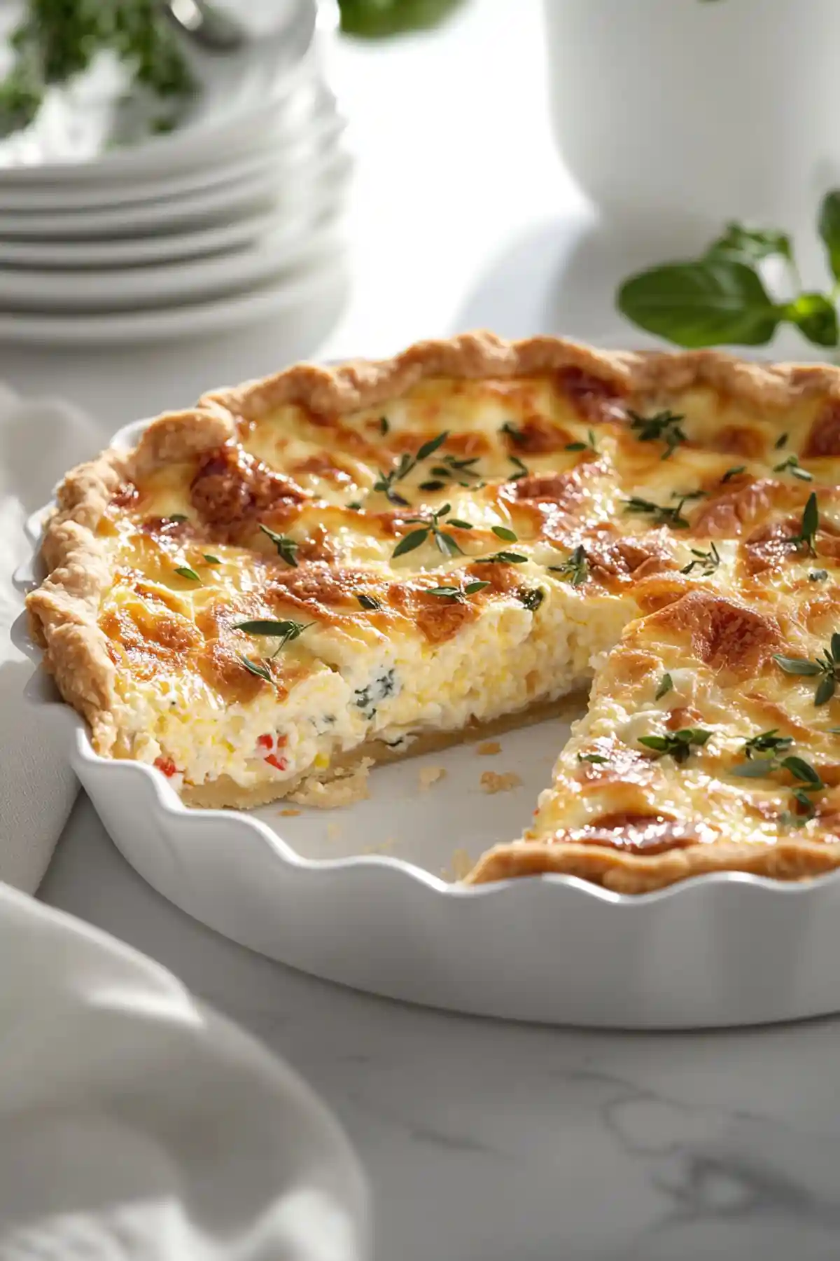 Изображение на киш с кремообразна плънка, поръсен със зелени подправки, сервиран в бяла плитка тавичка. От пайта е изрязан един триъгълник, като се вижда влажната, богато оформена вътрешност с вкрапления от червени и зелени съставки.