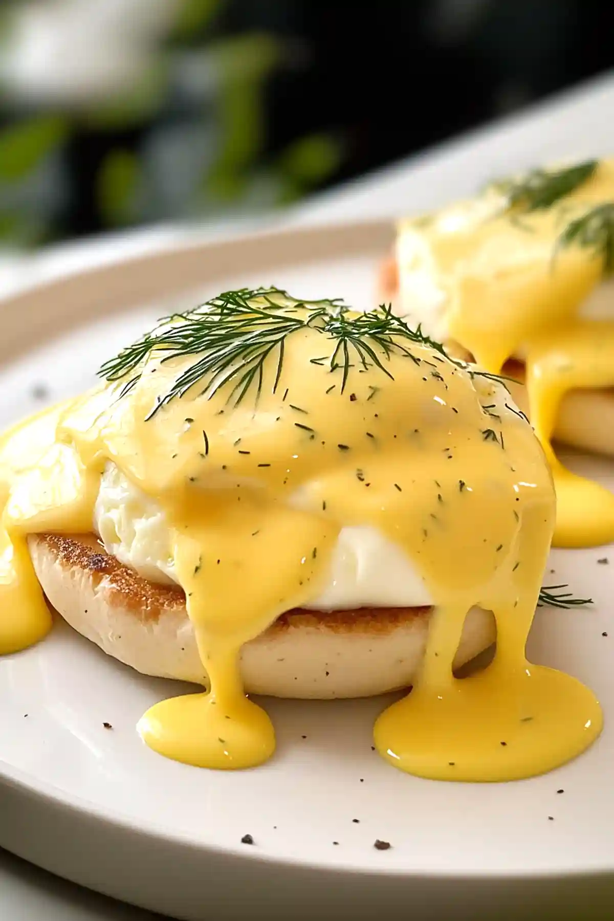 Бела чиния с две яйца Бенедикт, покрити с изобилно количество жълт сос холандез и украсени с копър. Ястията са поднесени върху препечени английски мъфини и изглеждат апетитно с капки сос, които се стичат по страните.