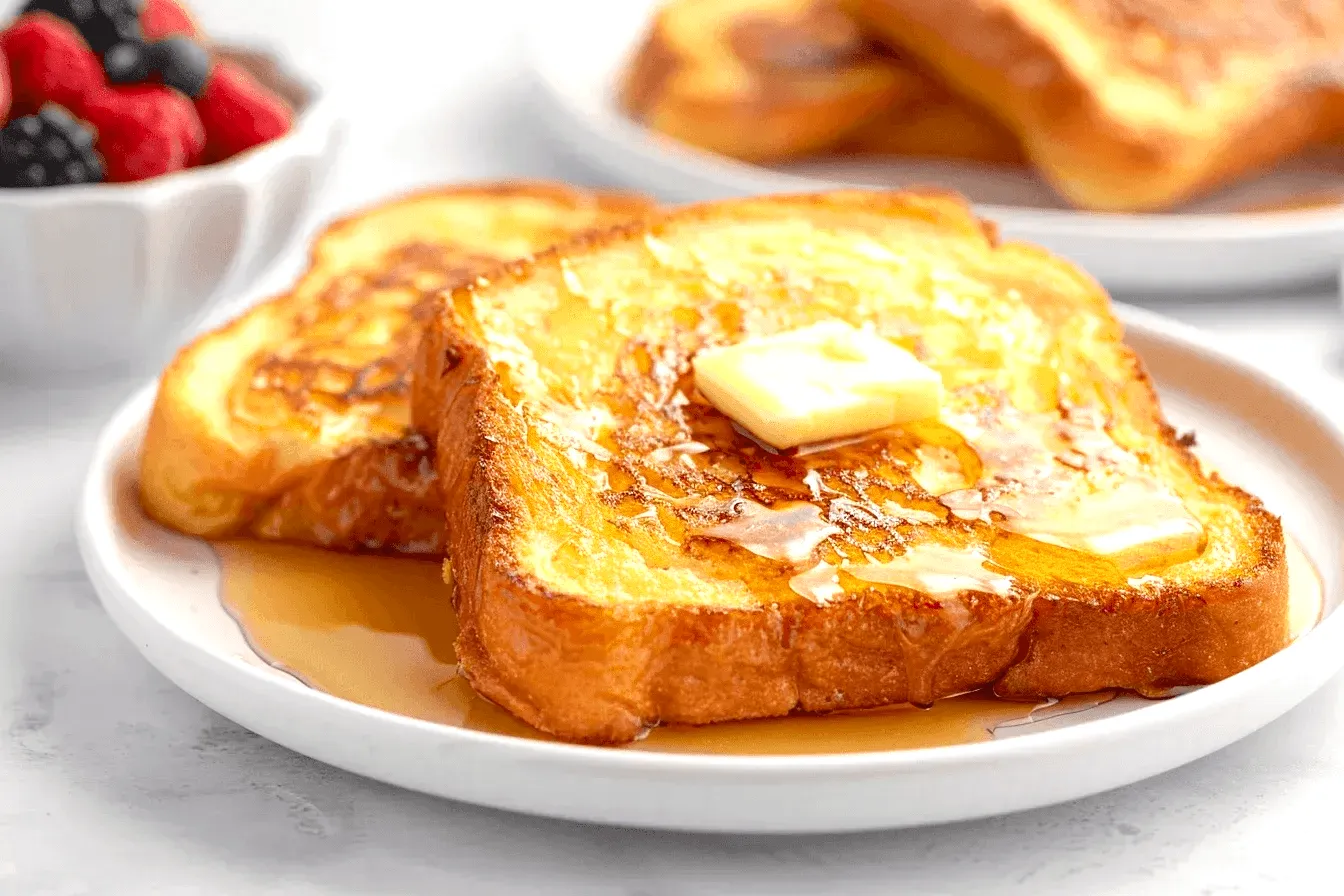 Класически френски тост със златиста коричка, гарниран с топящо се масло и обилно залят с кленов сироп, поднесен в бяла чиния. Вдъхновяваща закуска, допълнена с купичка свежи горски плодове като малини, боровинки и къпини за допълнителен вкус и свежест.