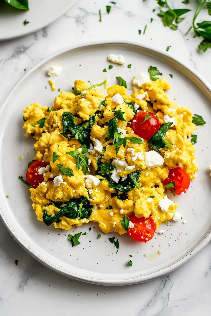 Ястие с разбити яйца, шпинат и чери домати, поръсено със сирене фета и нарязан магданоз, сервирано върху бяла чиния с мраморен дизайн.