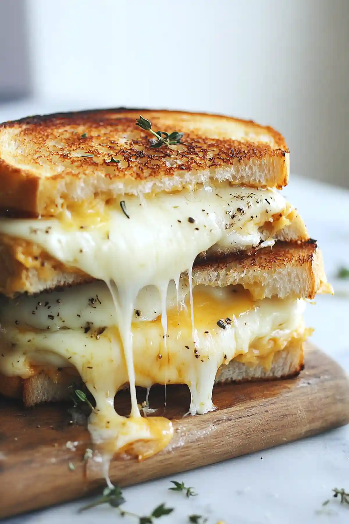 Детайлен изглед на свежо приготвен, топящ се сандвич сирене на дървена дъска. Сандвичът се състои от два златисто изпечени филийки хляб, между които има обилно количество стопено сирене, което се разтяга при разрязване. Върху горната филийка има малко клонче мащерка, а на сиренето се виждат черни ситно смляни пиперки.