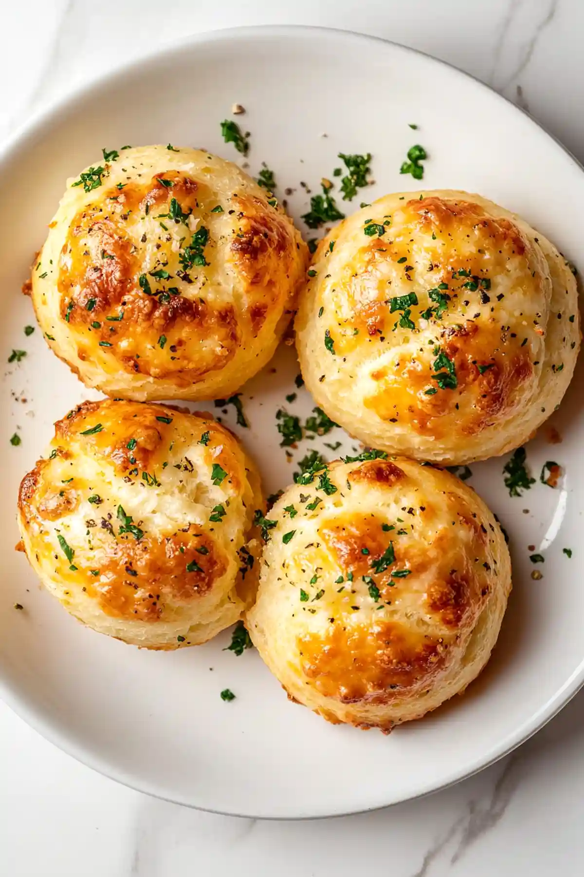 Четири златисти сирени хлебчета на бяла чиния, поръсени с нарязан магданоз и черен пипер.