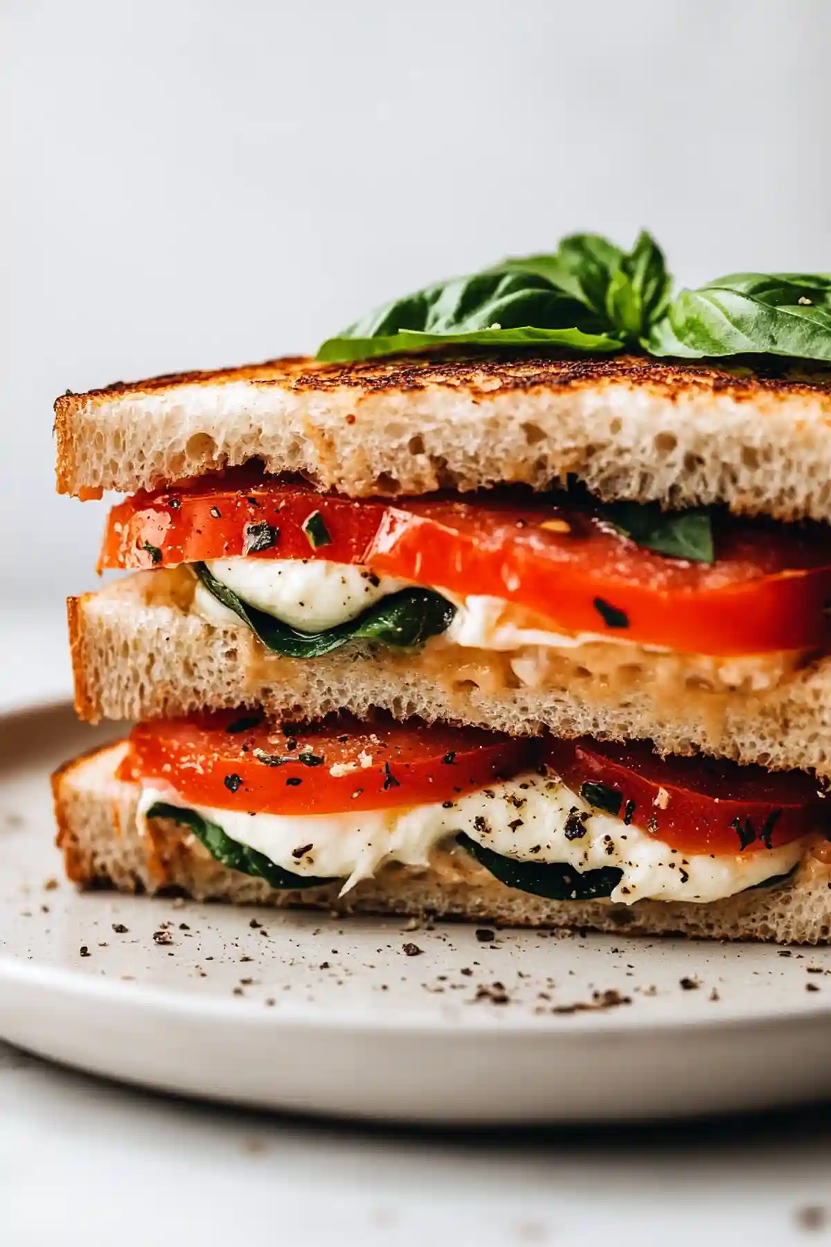 Сандвич капрезе със зрял домат, свежо моцарела, босилек и черен пипер, нарязан наполовина и поднесен на светла керамична чиния.
