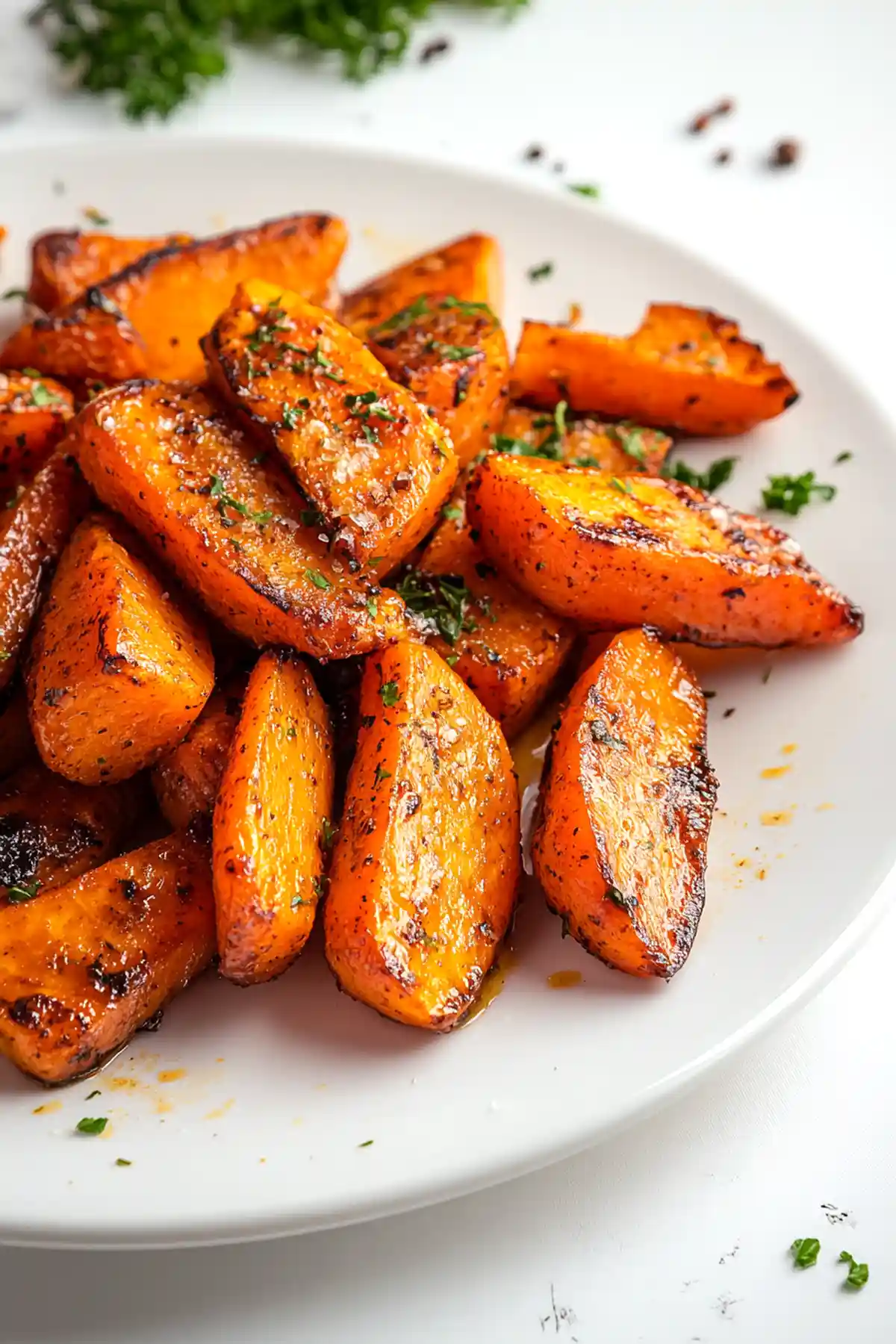 Чиния с печени моркови, поръсени с подправки и зелени билки, сервирани върху бяла чиния. Морковите са златисто-оранжеви, със следи от карамелизиране на ръбовете и видима пикантна глазура. Поръсени са с финно нарязан магданоз и леко видими зачернени частици, което добавя апетитен външен вид.