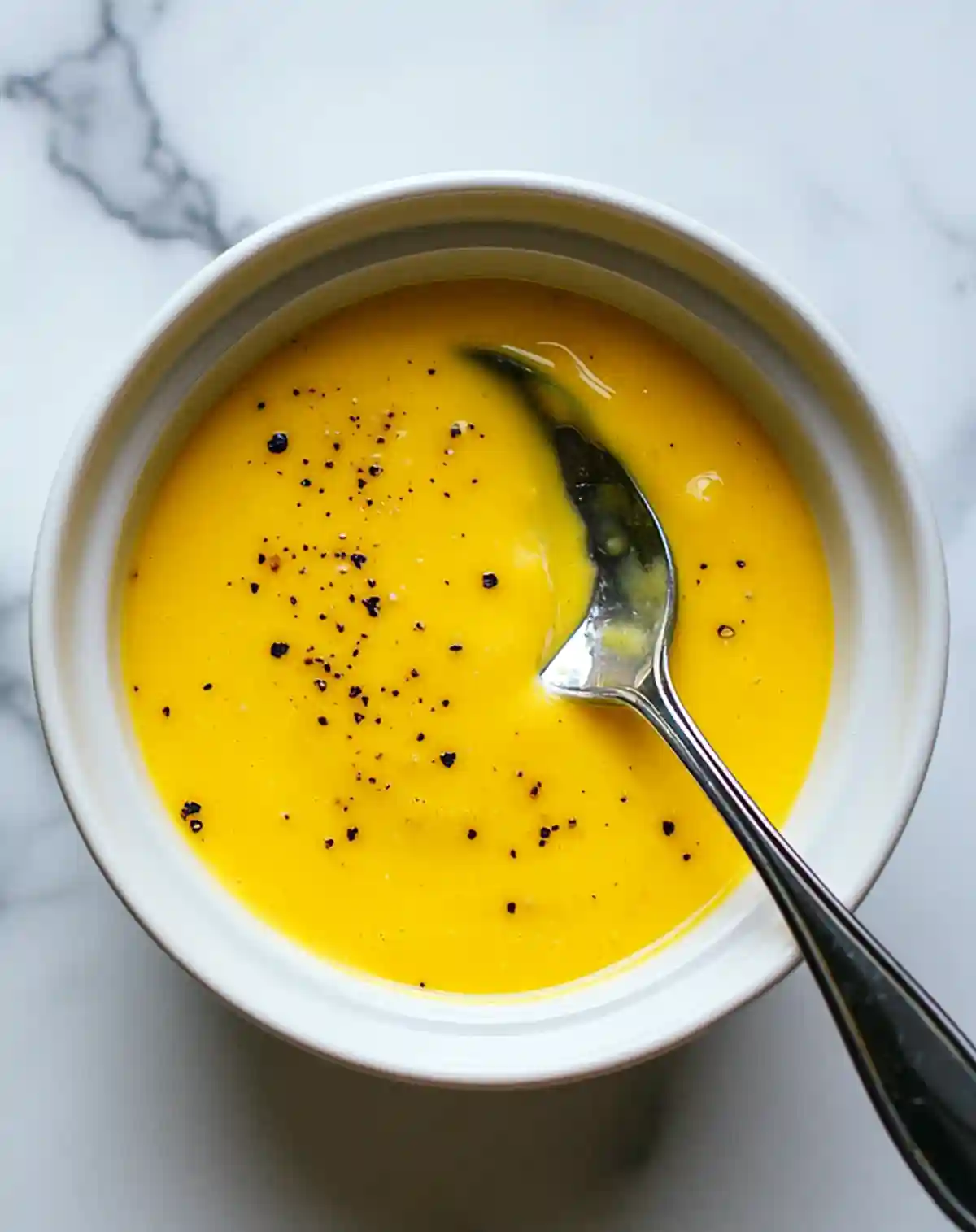 Чиния с Ниско-калоричен медено-горчичен дресинг, поръсена с черен пипер, и сребърна лъжица, поставена вътре. Фонът е бял с мраморен дизайн.