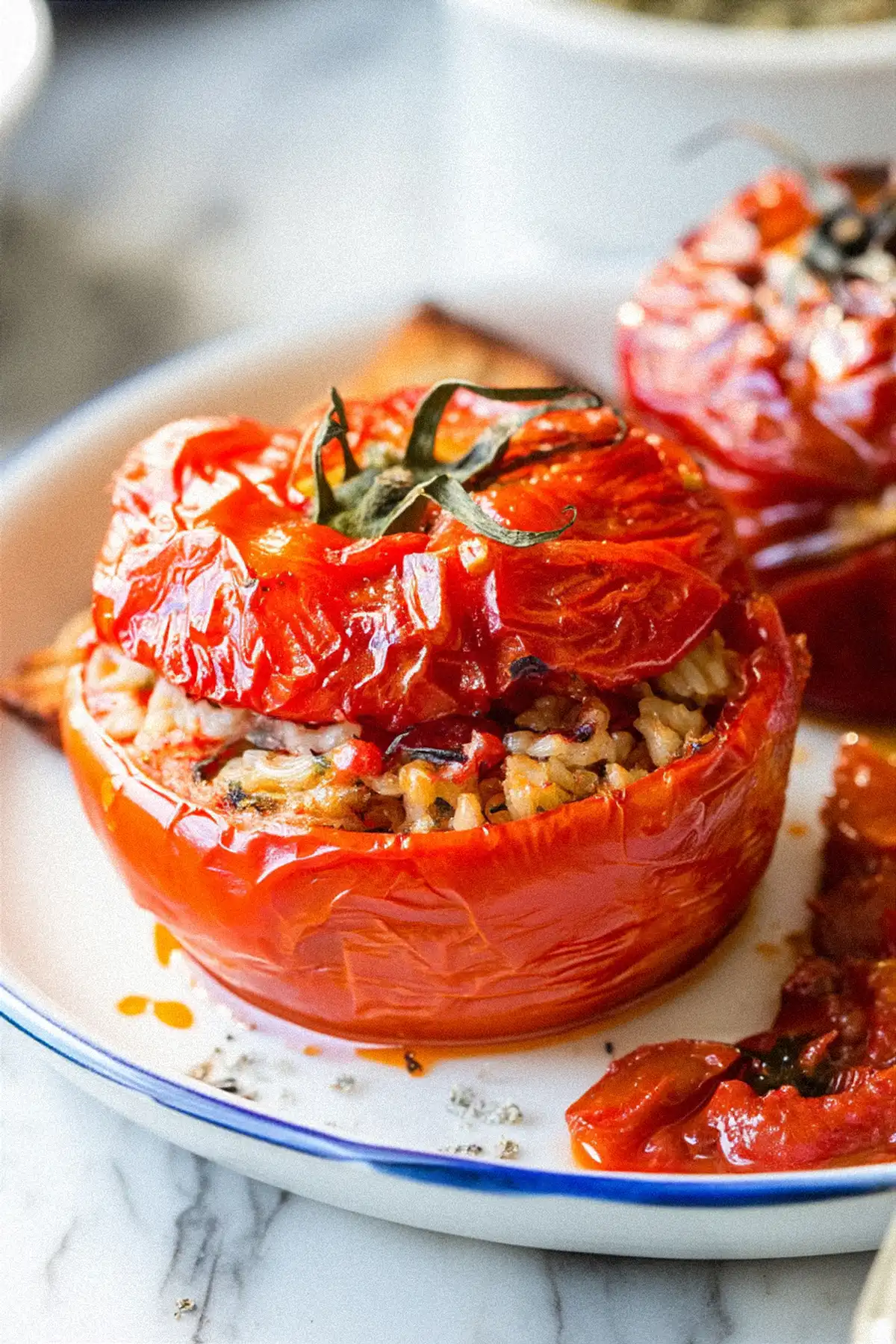 Печена червена доматена чиния, напълнена с оризова смес и зеленчуци на бяла порцеланова чиния със син ръб, поставена на мраморна повърхност. Доматът е визуално апетитен, с леко обгорели части и запазени стъбла, което добавя допълнителна текстура и цвят към композицията.