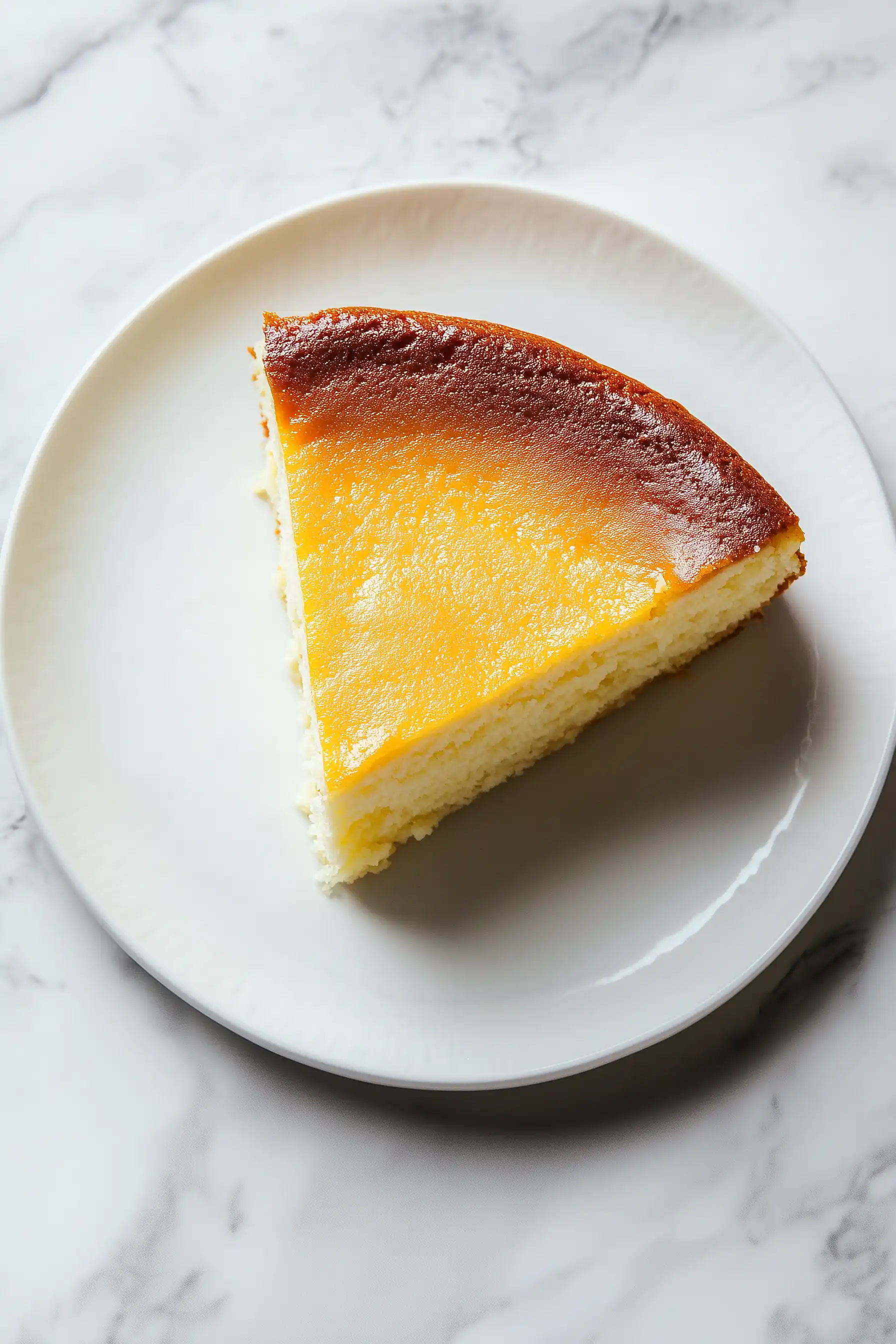 Апетитно парче класически чийзкейк Ню Йорк с гладка, кремообразна текстура и златиста коричка, сервирано в елегантна бяла чиния върху мраморна повърхност. Перфектен десерт за специални поводи или като сладко удоволствие след вечеря.