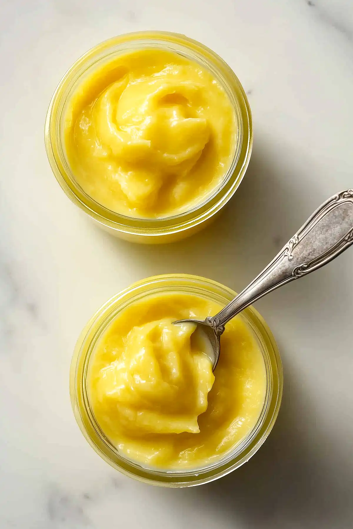 Два стъклени буркана с ярко жълт лимонов кърд, равномерно размазан. Единият буркан е частично изпълнен със съдържанието, а в него е поставена сребърна лъжица, която вади кремообразната маса. Фонът е светъл мраморен плот.