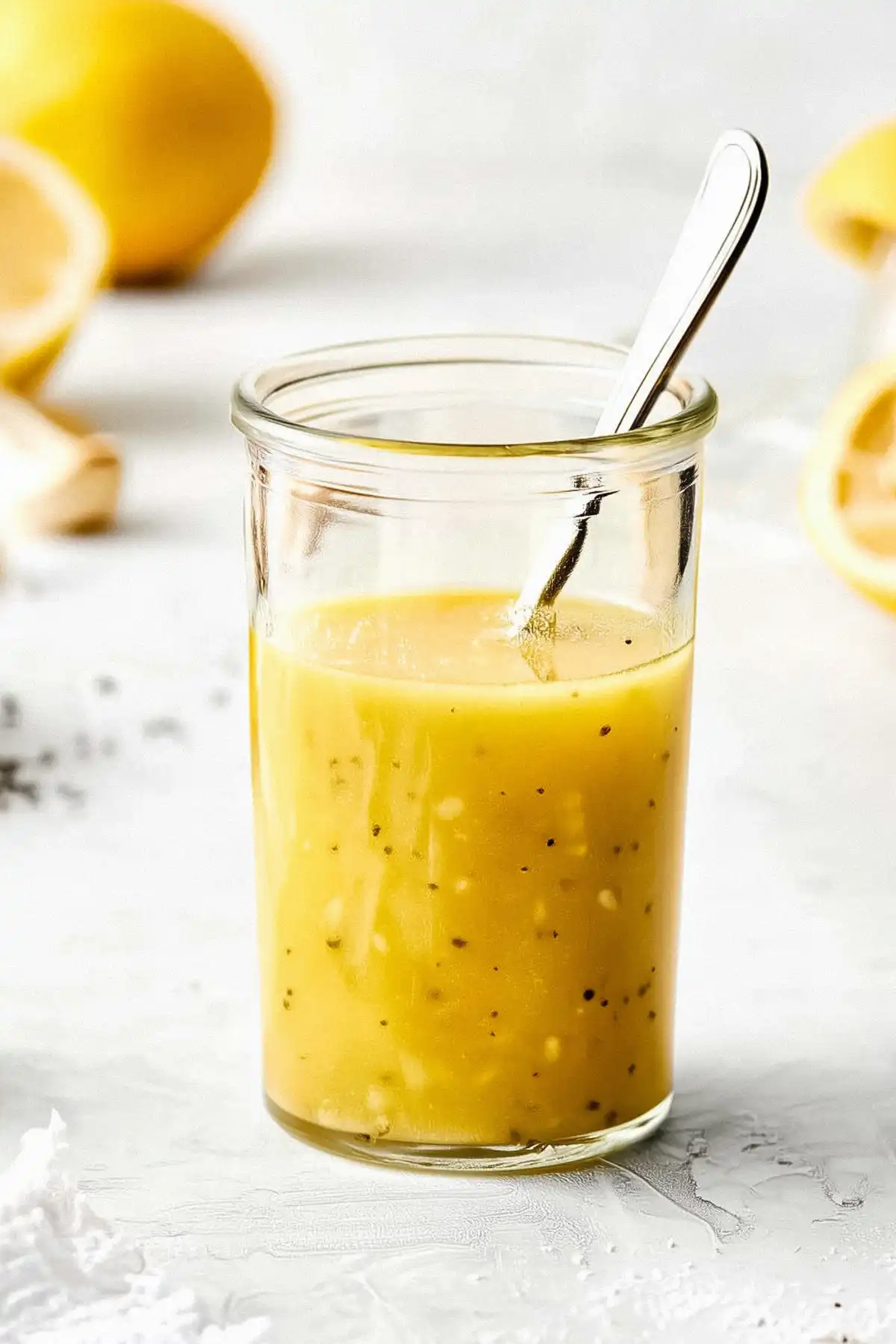 Стъклен буркан, наполовина пълен с жълта течност, домашен винегрет или дресинг за салата, в който се виждат малки черни точки, както и метална лъжичка в буркана. На фона леко разфокусирана лимонова кора и повърхности със светъл неутрален цвят, придаващи изображението свеж, чист вид.