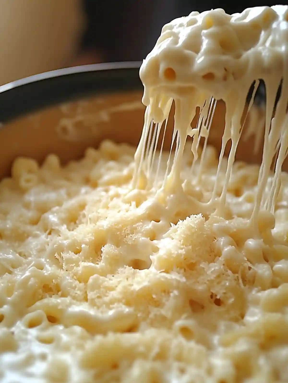 Тиган с богато засипан макарон със сирене, характеризиращ се с разтопено сирене, което се протяга от прибора до тигана. Зърната макарони са покрити със светлобежово настъргано сирене, а фокусът е върху текучата текстура и кремообразната консистенция на ястието.