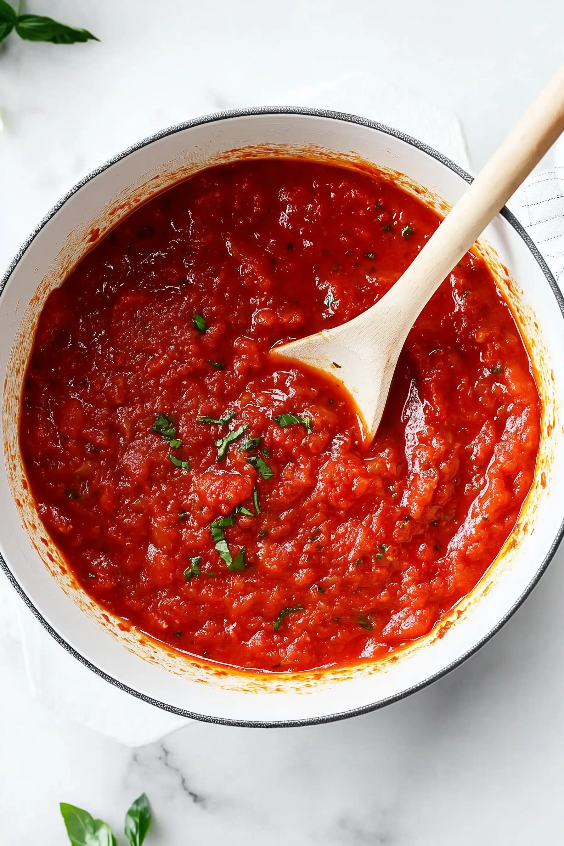 Тенджера с доматен сос, напълнена с червено, пюрирано доматено месо с добавени нарязани зелени билки. В соса е забодена дървена лъжица. Тенджерата стои на бял мраморен плот.