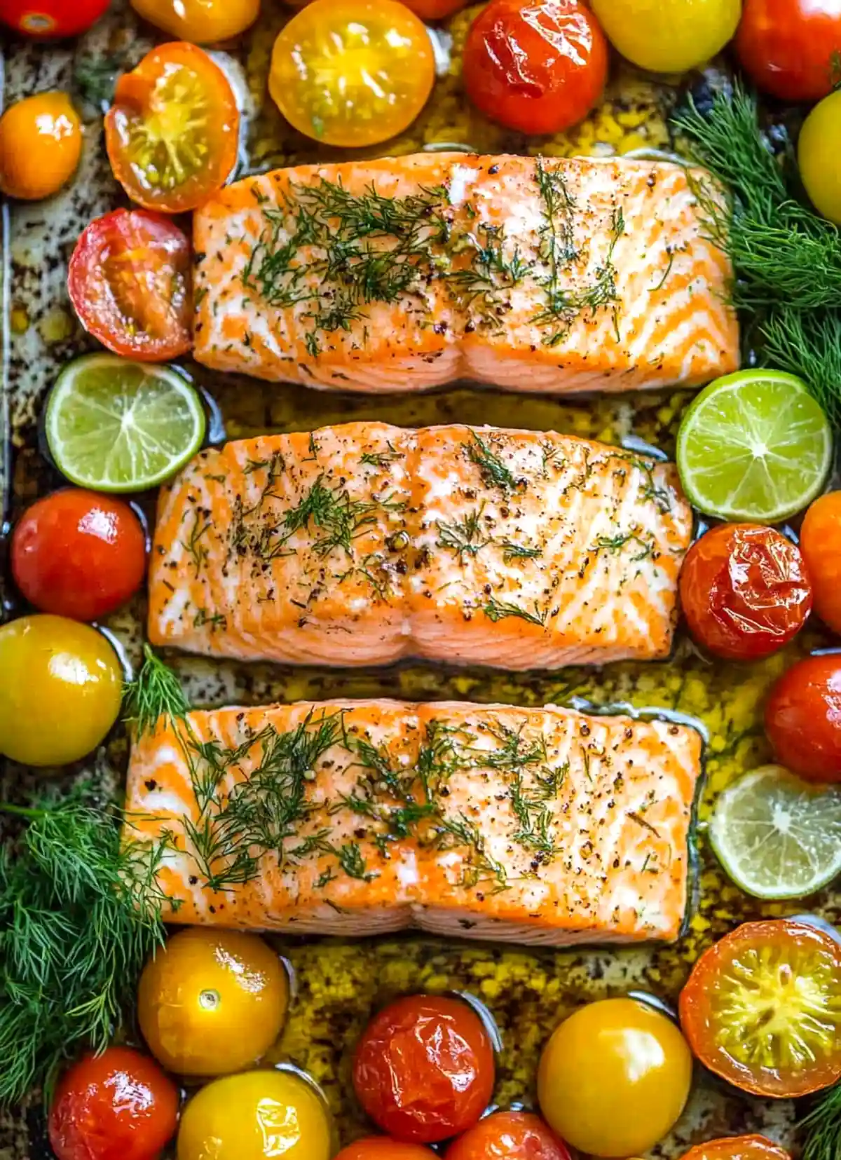 Три парчета печена сьомга, поръсени с копър и черен пипер, подредени върху жълти и червени чери домати, които са леко запечени и подправени с масло. Към ястието са добавени и половинки лайм за допълнителен вкус.