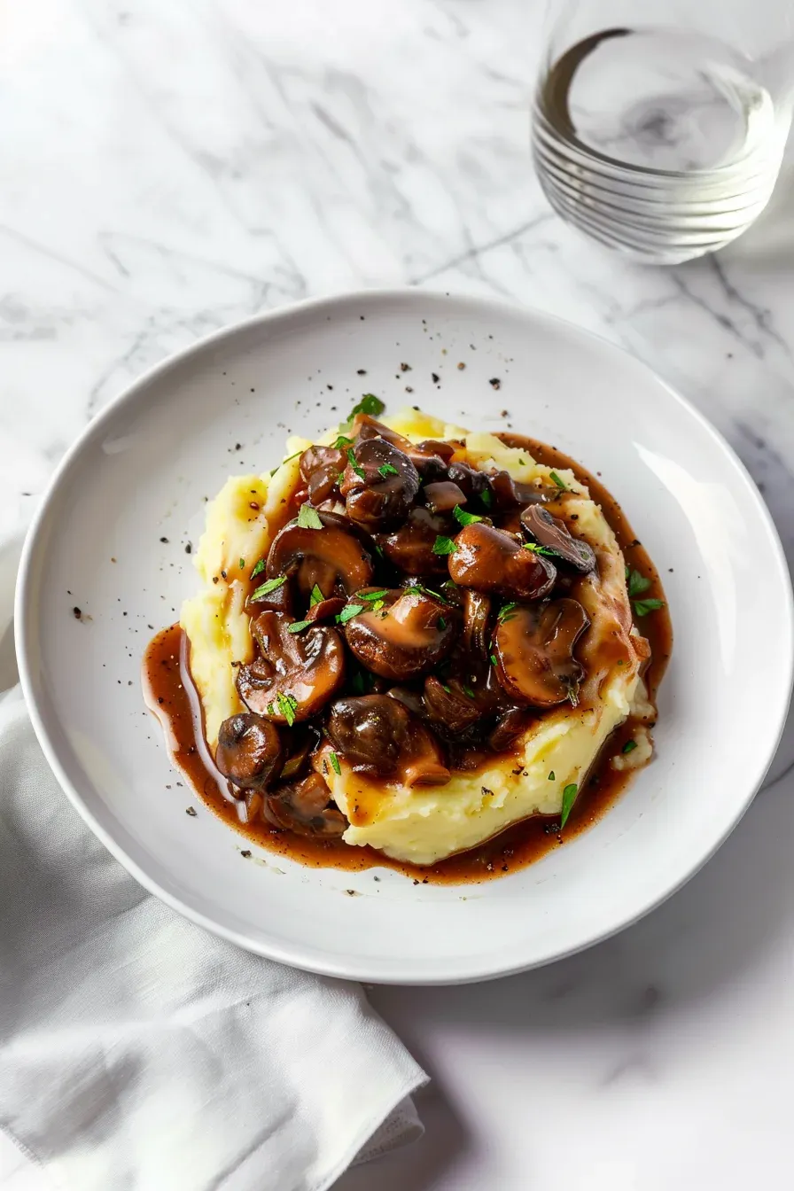 Гурме комбинация от пухкаво картофено пюре и богат гъбен сос с карамелизирани гъби и наситени вкусове на чесън, билки и червено вино. Гарнирано с прясно накълцан магданоз и прясно смлян черен пипер.