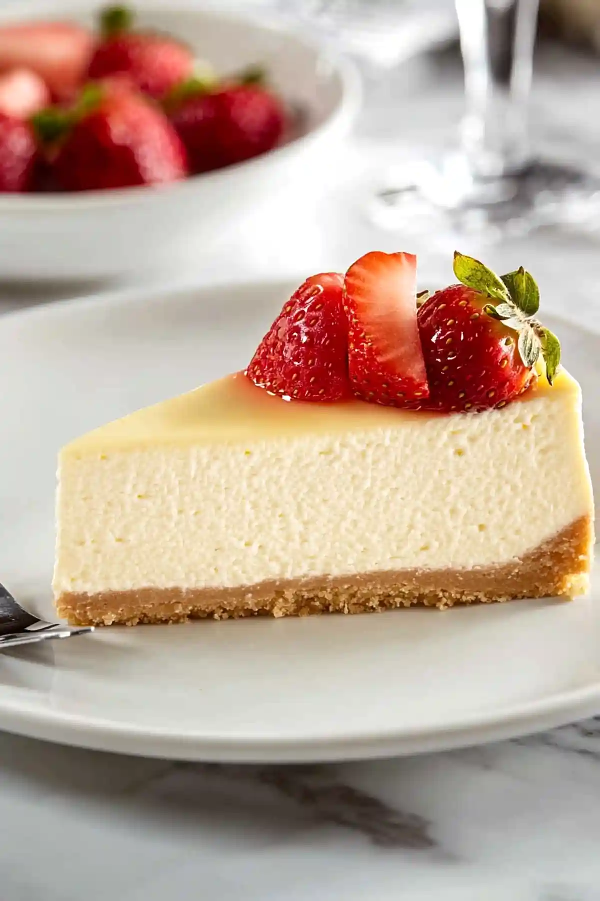 Парче чийзкейк на бяла чиния, украсено с пресни резени ягоди отгоре. Чийзкейкът има гладка кремообразна сърцевина и по-тънък светлокафяв блат отдолу. Фонът показва неясно други ягоди и част от стъклена чаша.