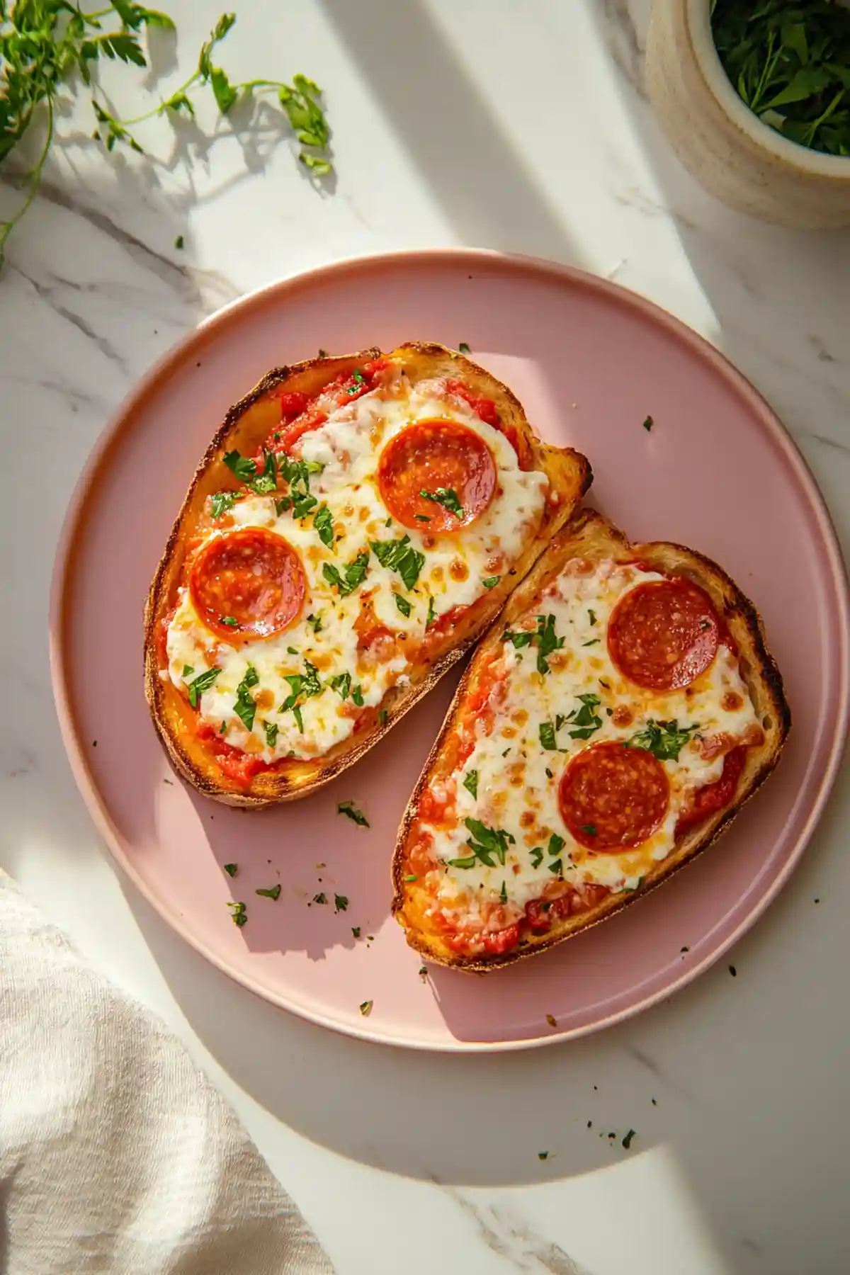 Две парчета пица на филийки хляб, поставени върху розова чиния. Всяко парче е покрито с доматен сос, кашкавал, нарязан червен пипер и няколко колелца пеперони, поръсени с наситнен магданоз. Зад чинията се виждат свежи билки в саксия и бяла кухненска кърпа, всичко поставено върху мраморна повърхност в ярка, слънчева среда.