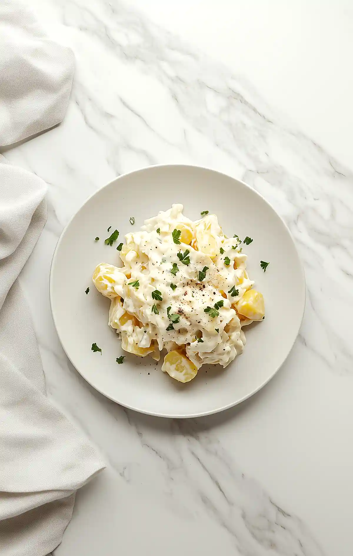 Ястие с картофена салата, сервирано в бяла чиния на мраморна маса, украсено с черен пипер и нарязан магданоз.