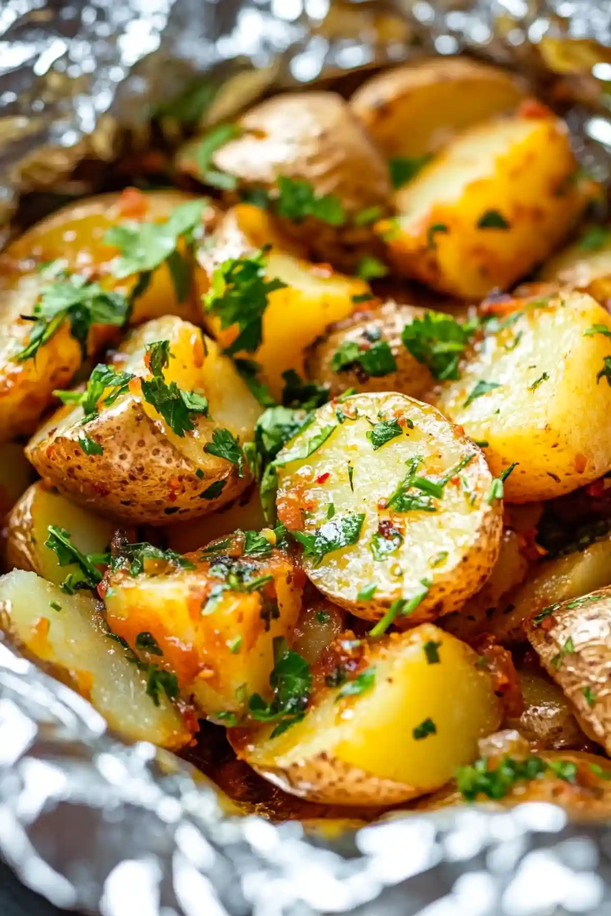 Описание на изображение: Печени картофи, нарязани наполовина, със златиста, леко хрупкава коричка, поръсени със ситно нарязан магданоз и червени люспи чили. Картофите са сервирани върху алуминиево фолио, което подчертава ярките цветове на ястието.