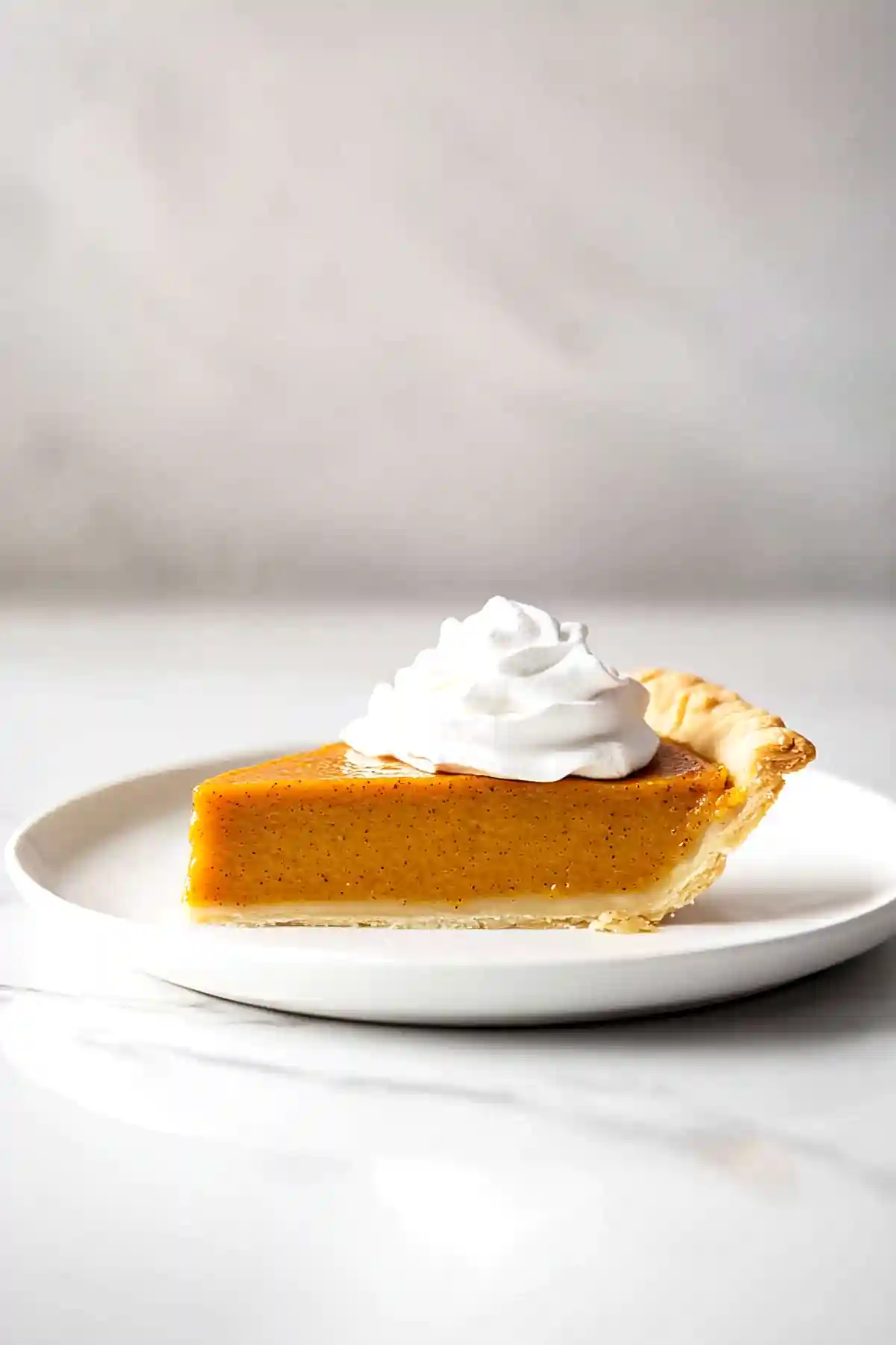Парче пай с ярко оранжева пълнеж от тиква на бяла чиния, украсено с голяма бучка шлаг на върха, поставено на бяла маса с лека текстура. Фонът е едноцветен и меко осветен.