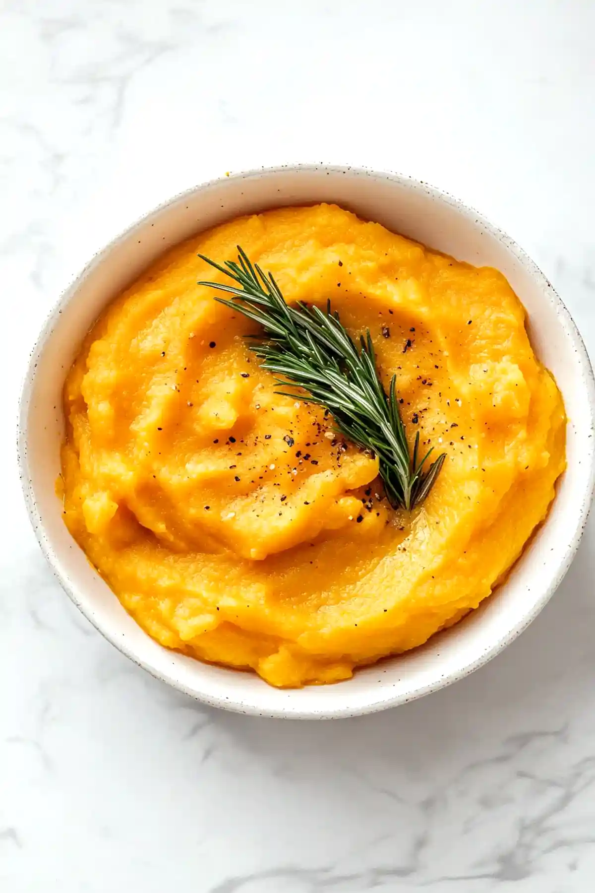 Чиния с пюре от тиква "Цигулка", украсено с клонка розмарин, поръсено с черен пипер на мраморна повърхност.