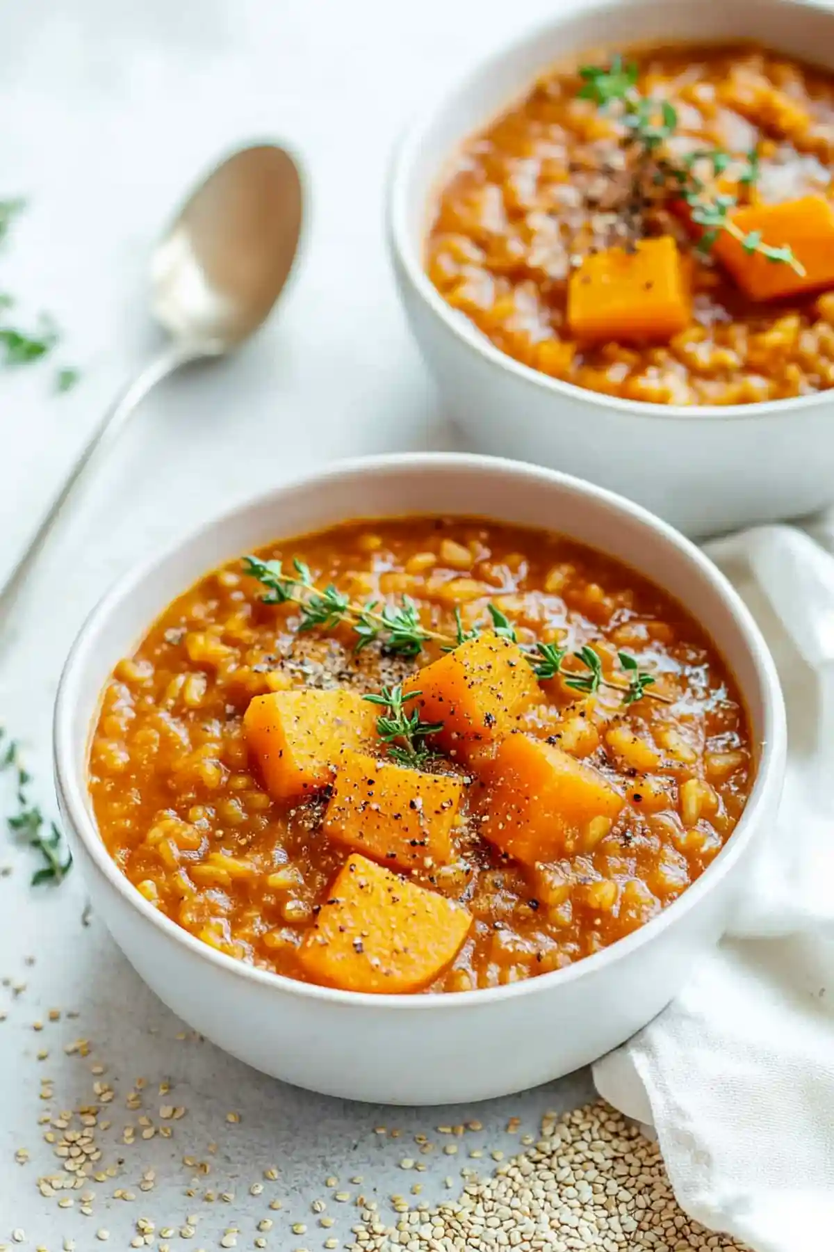 Две бели керамични чинии с Ризото с тиква, поднесени на фин бял плат. В чиниите има кубчета оранжева тиква и леща, посипани с черен пипер и гарнирани с клонки тимиан. В сцената се забелязват и разпръснати семена от лен и лъжица в заден план.